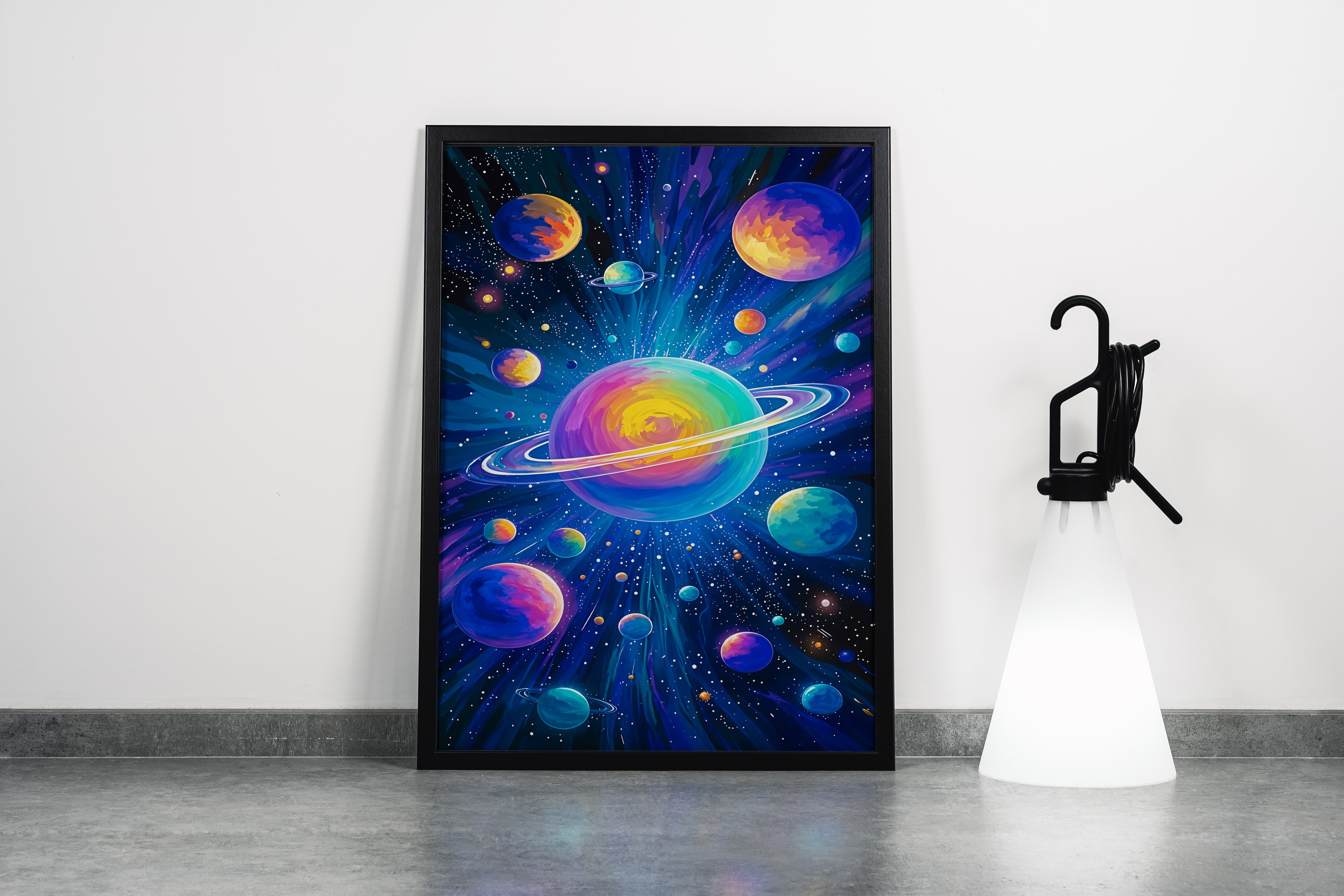 ai creation, saturn and the other colorful planets in its orbit model 2, ai art, art, kanvas tablo