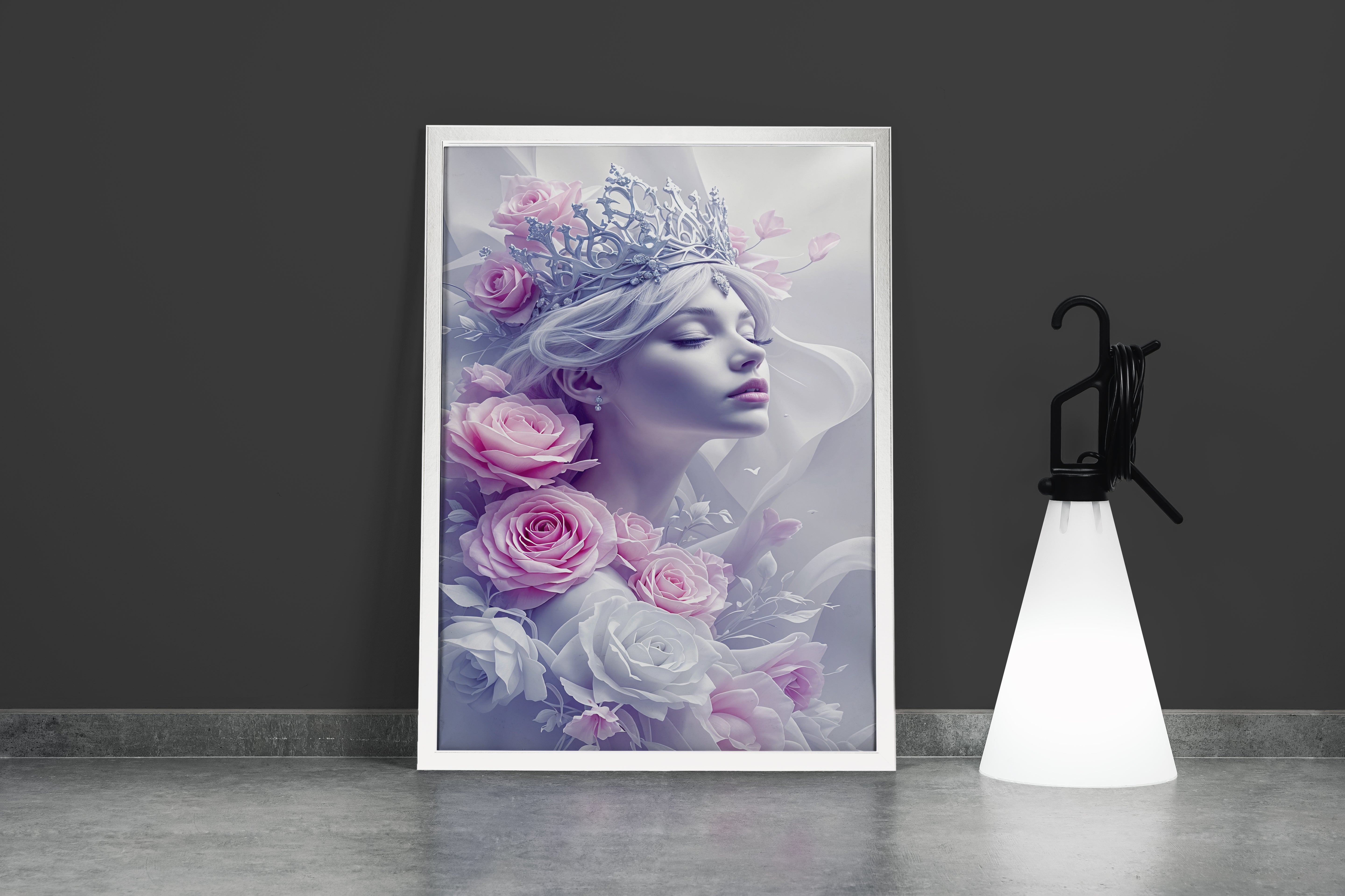 ai creation, a serene queen with a delicate white crown surrounded by pink roses, ai art, art, kanvas tablo