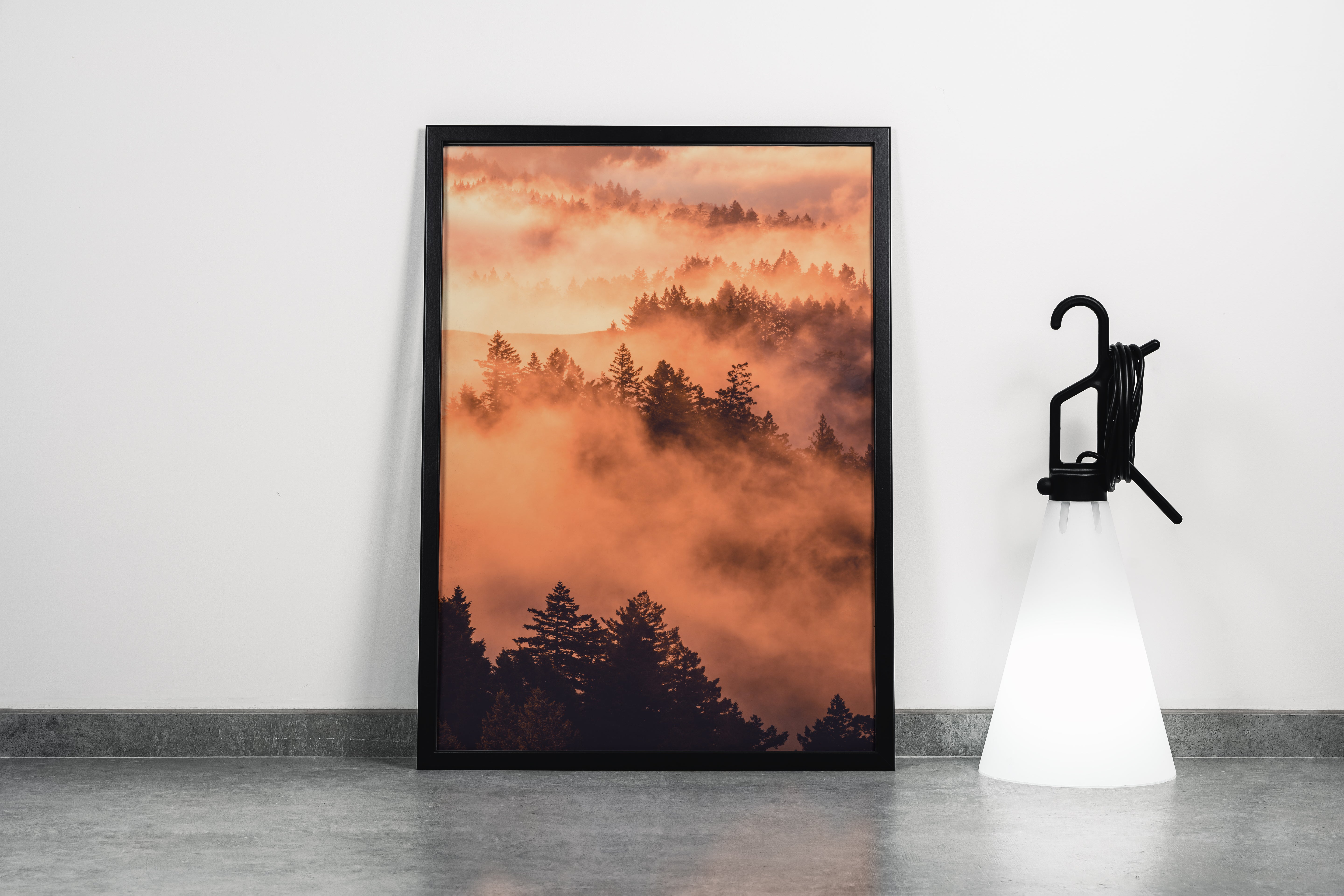 a beautiful landscape of foggy mountains with layers of trees at golden hour sunrise, abstract, art, kanvas tablo