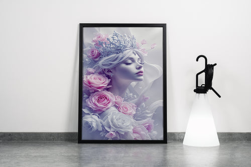 ai creation, a serene queen with a delicate white crown surrounded by pink roses, ai art, art, kanvas tablo