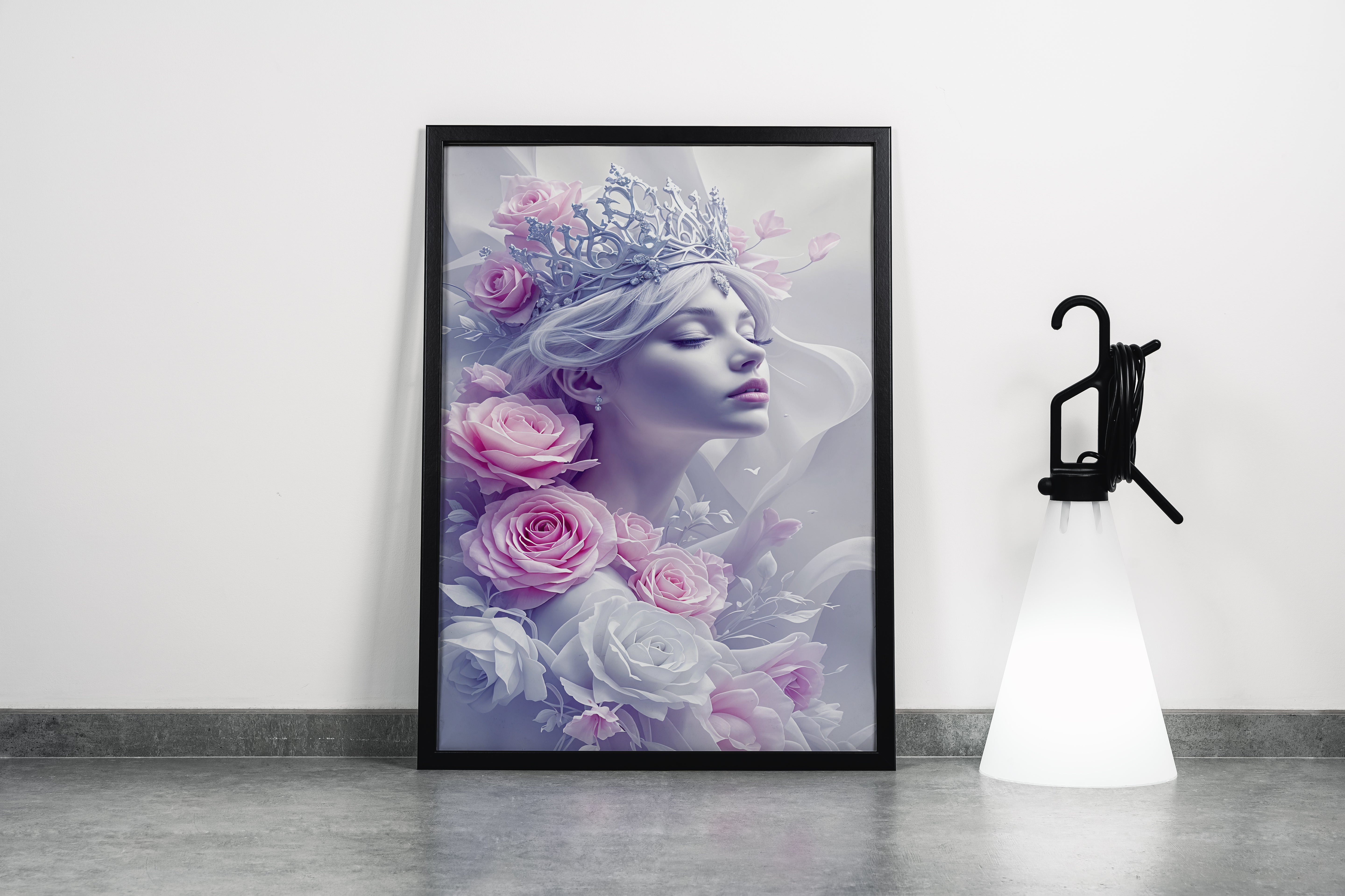 ai creation, a serene queen with a delicate white crown surrounded by pink roses, ai art, art, kanvas tablo