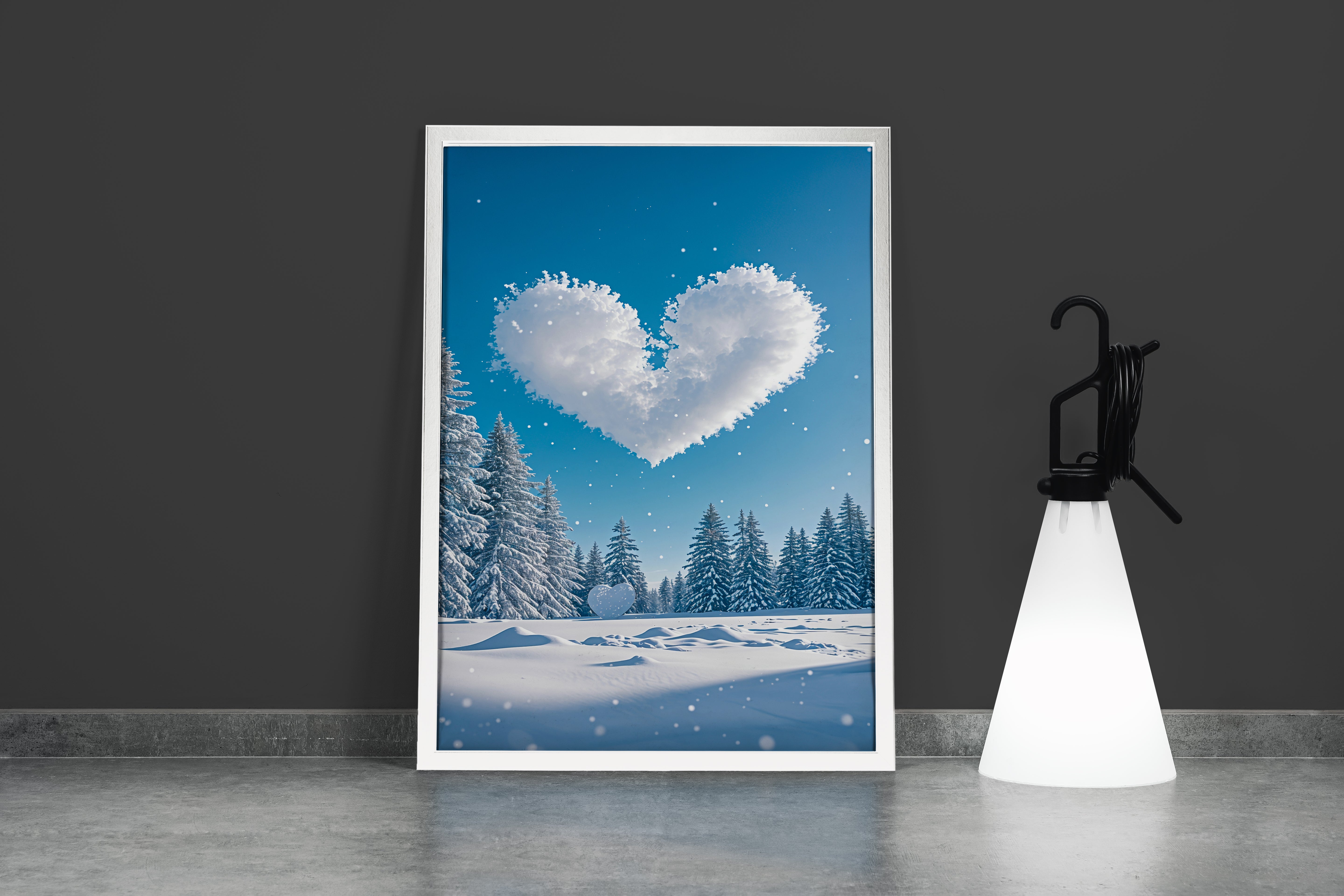 ai creation, heart formed by clouds, snow themed, ai art, art, kanvas tablo