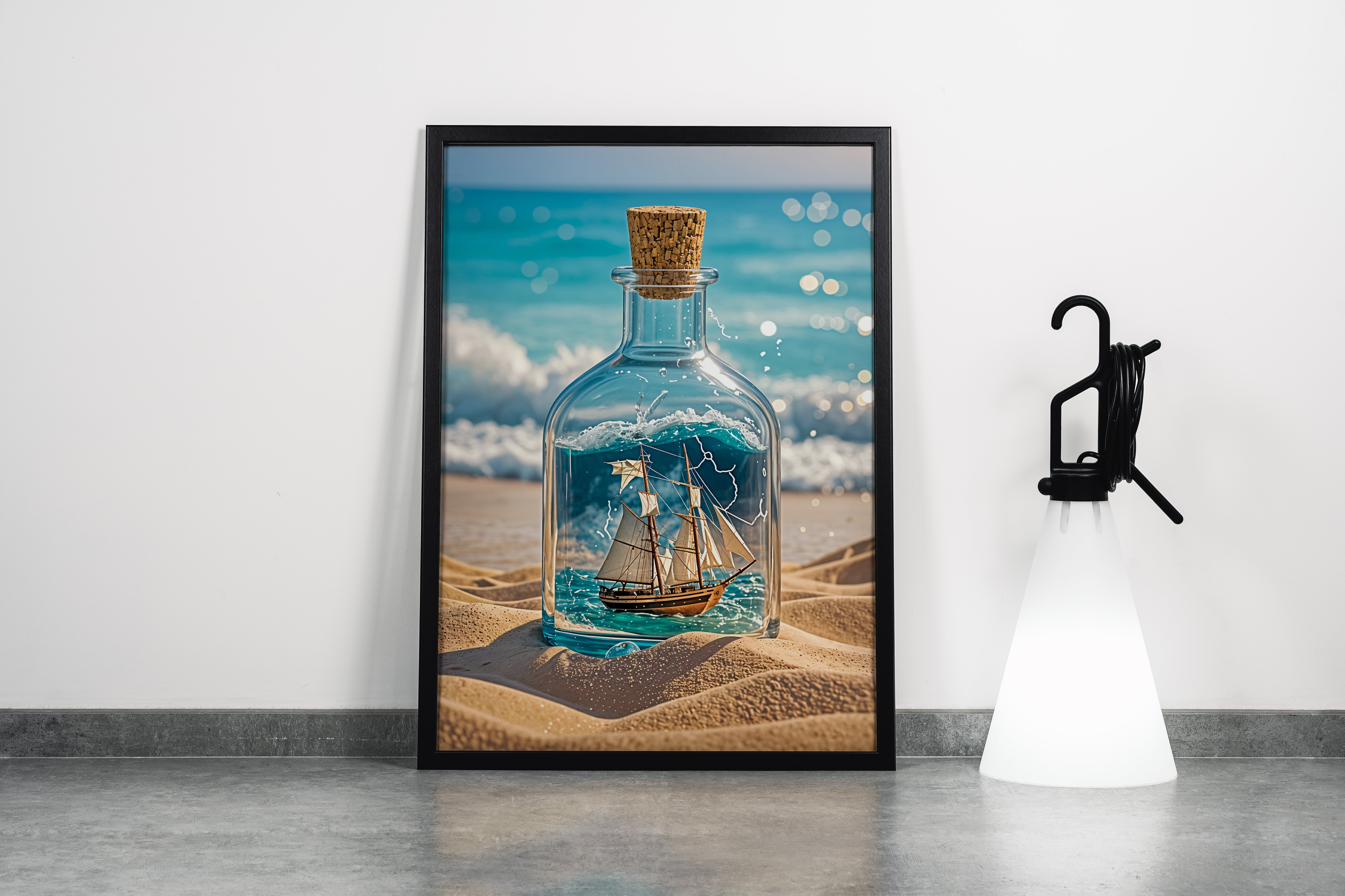 ai creation, a bottle washed up on the beach, a ship floating in the water inside the bottle, ai art, art, kanvas tablo