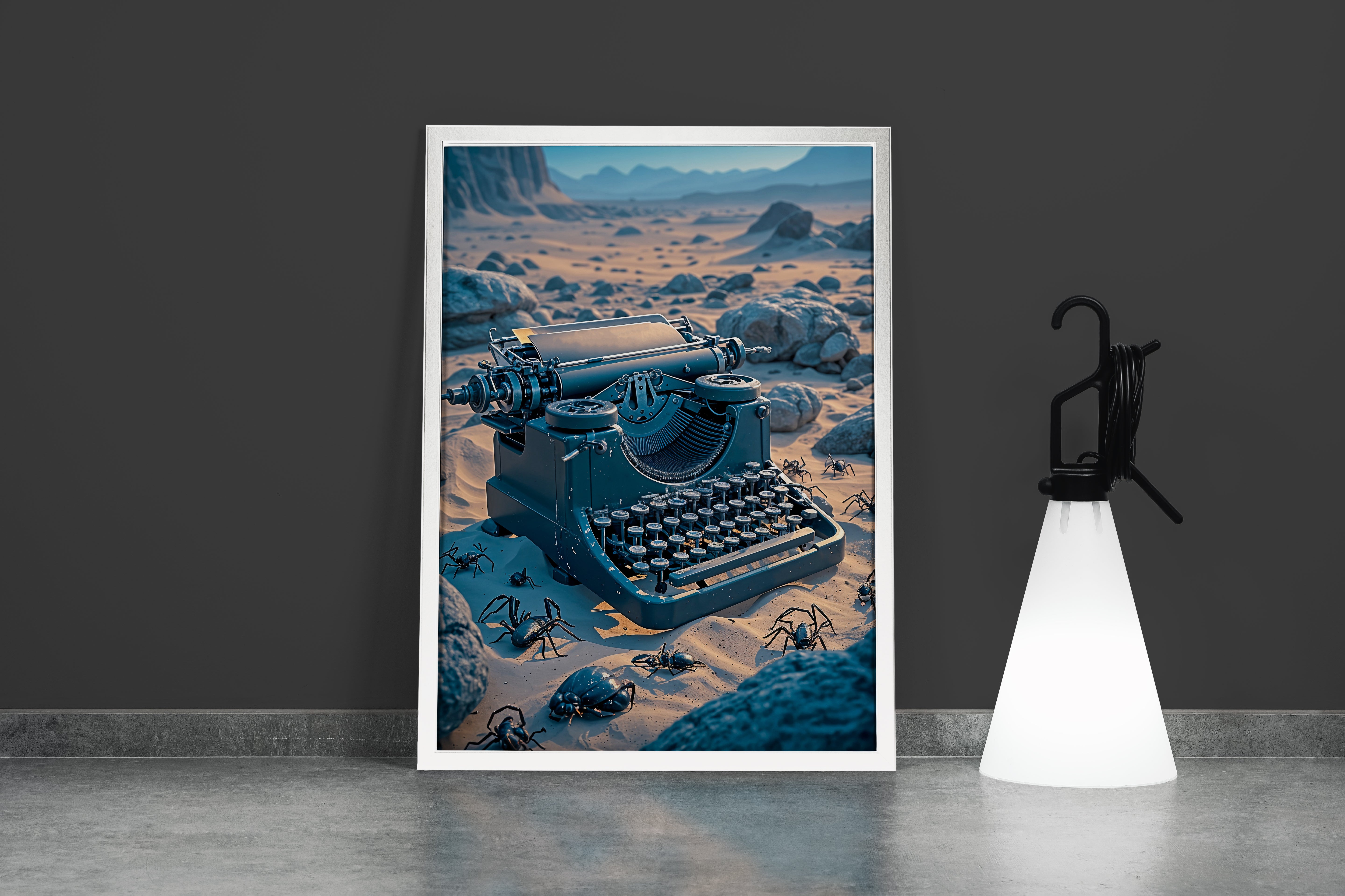 ai creation, a typewriter stuck in the desert among insects, ai art, art, kanvas tablo