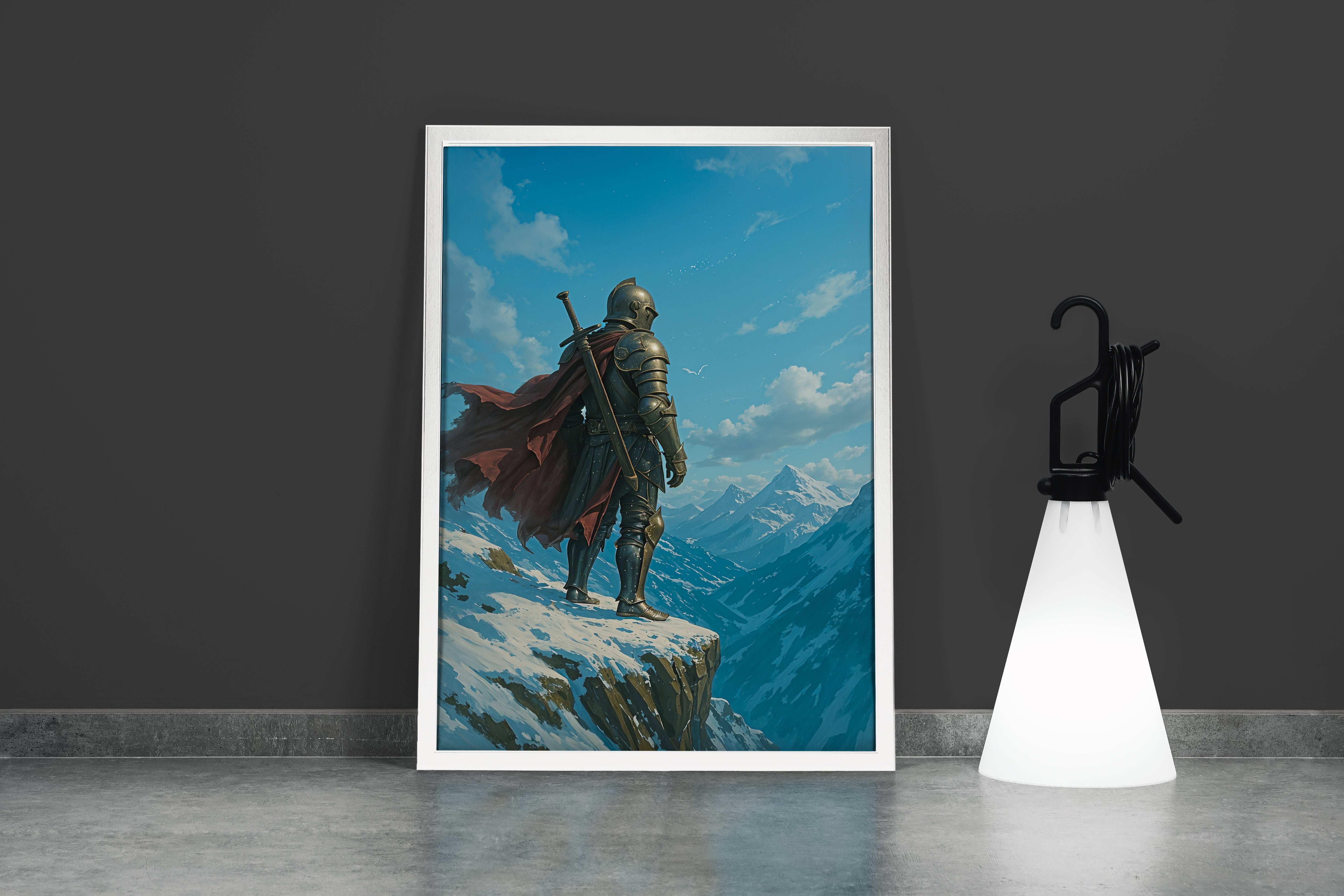 ai creation, warrior watching the mountains from the edge of the cliff, ai art, art, kanvas tablo