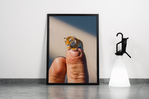 ai creation, baby doll model 6, kid, cute tiger on finger, ai art, art, kanvas tablo