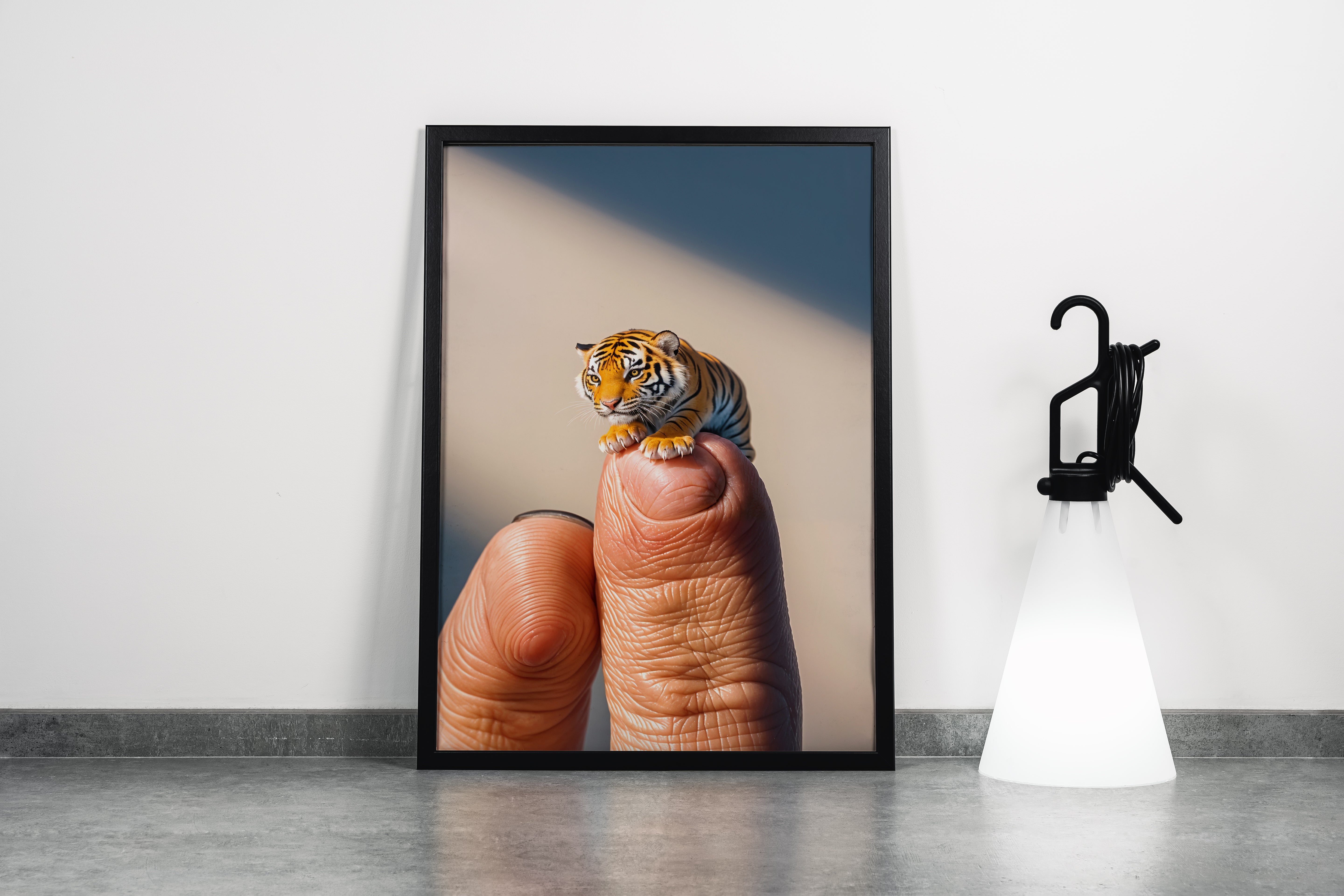 ai creation, baby doll model 6, kid, cute tiger on finger, ai art, art, kanvas tablo