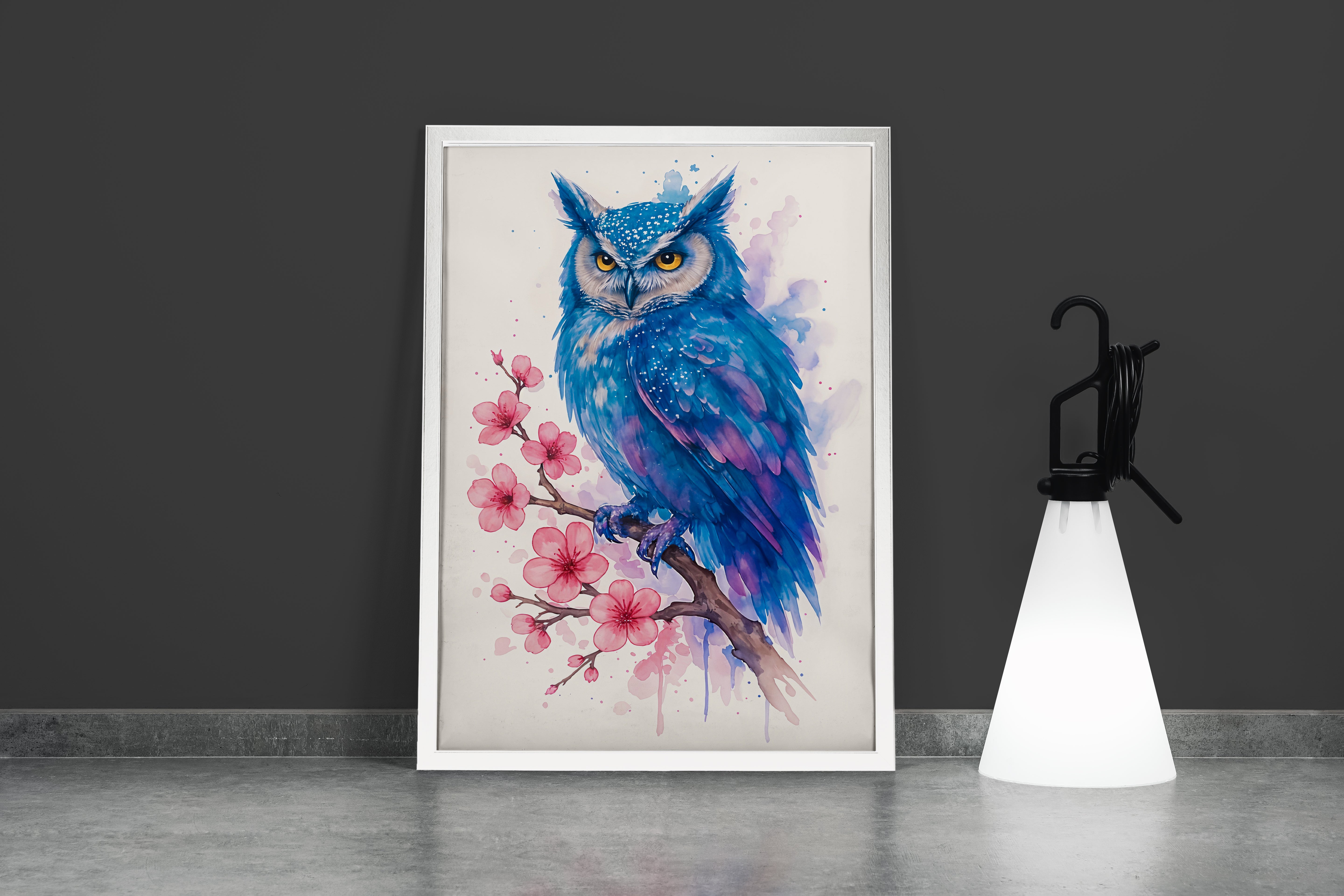 ai creation, blue toned owl standing on a branch, ai art, art, kanvas tablo