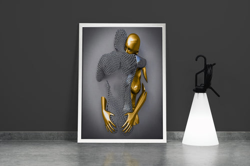 a silver mesh mother figure protectively embracing her small golden child model 3, art, kanvas tablo