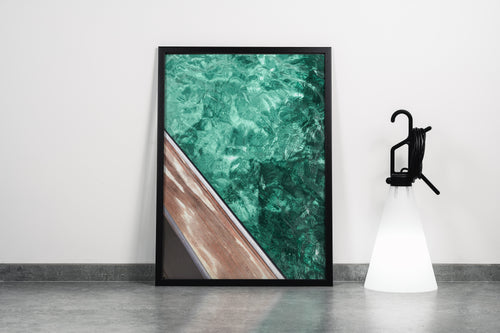 a diagonal view from a wooden deck looking down into clear, turquoise ocean water, abstract, art, kanvas tablo