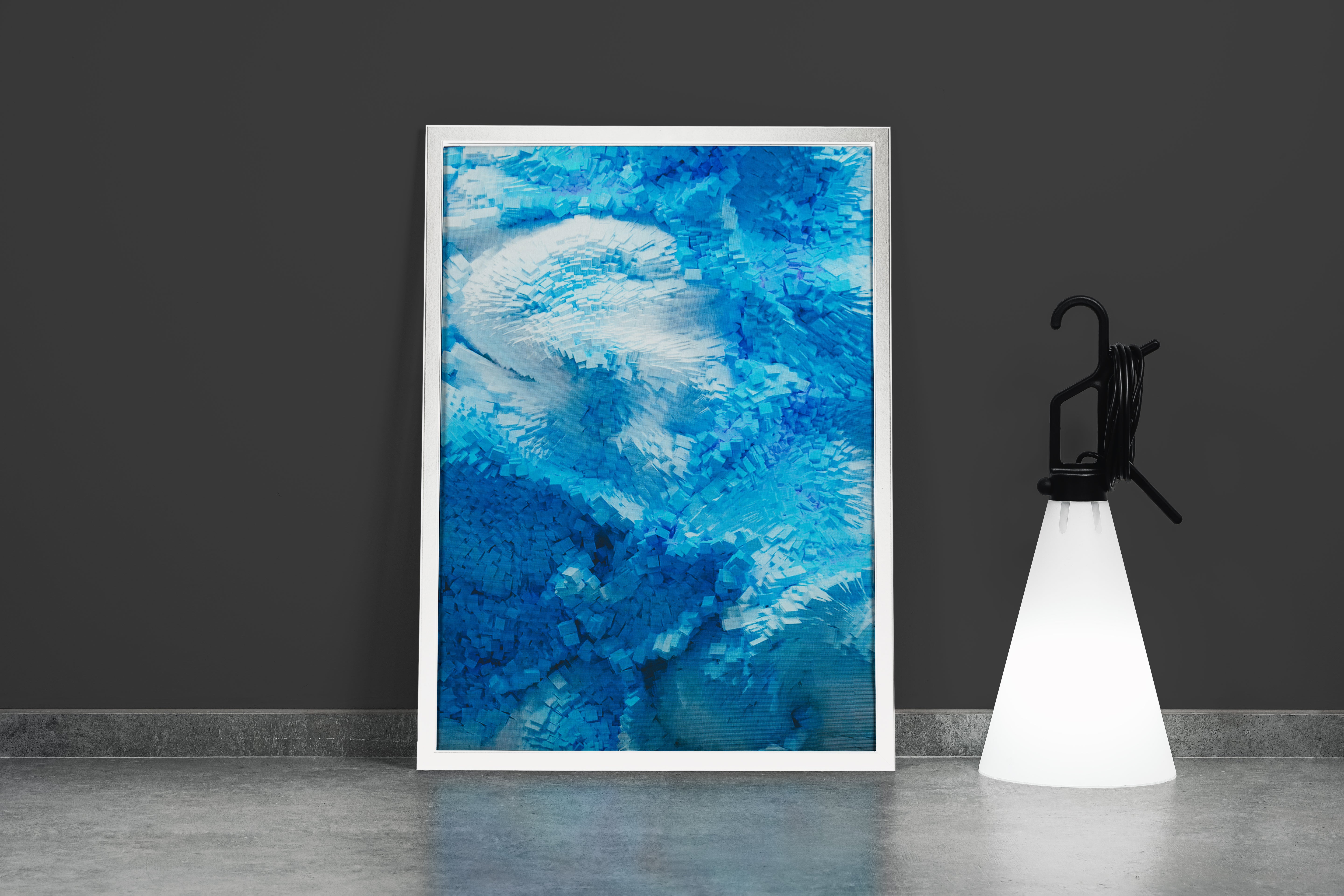 a digital abstract artwork showing an explosion of light blue three-dimensional pixel-like shapes, abstract, art, kanvas tablo