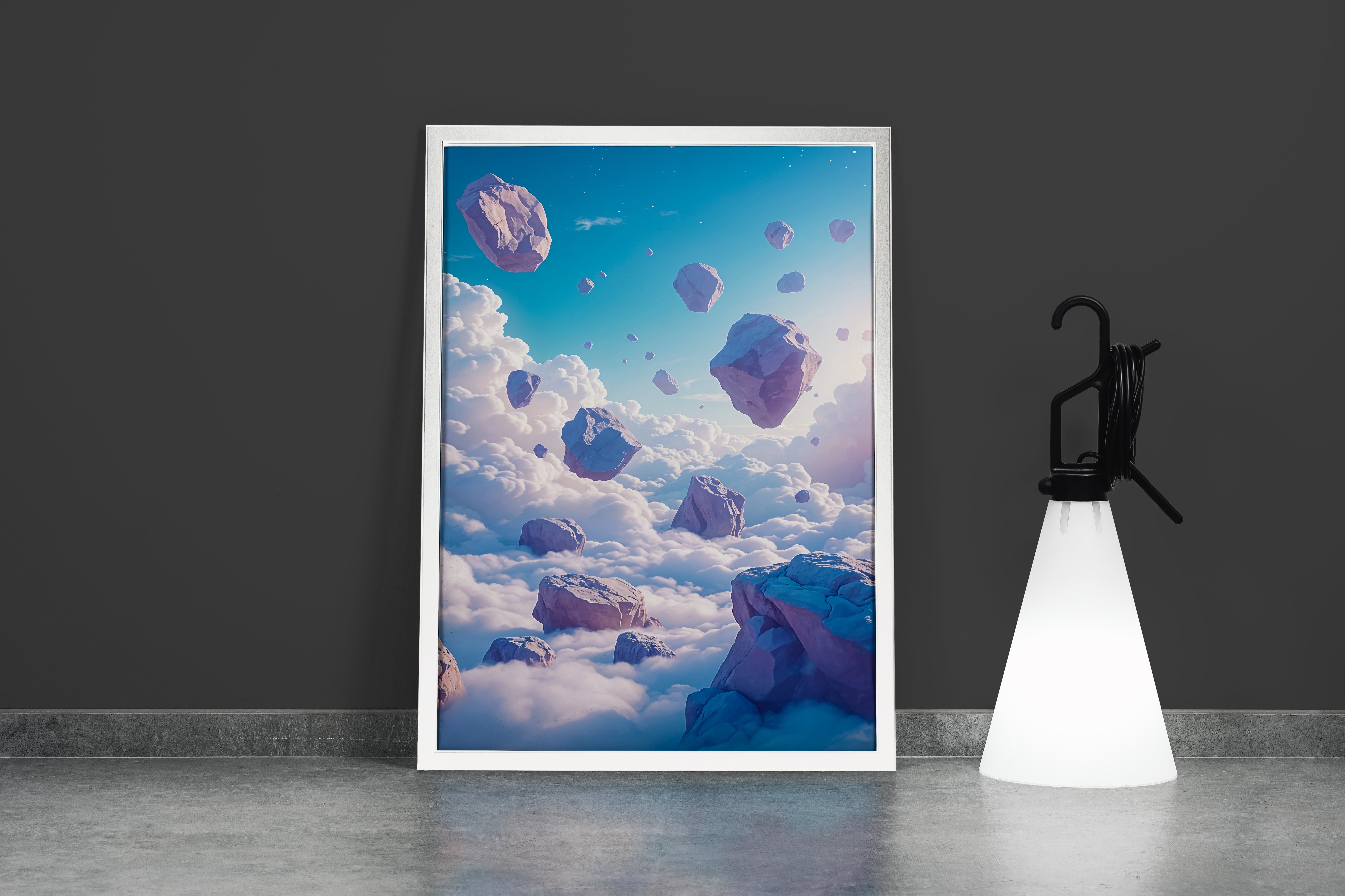 ai creation, large rock pieces flying above the clouds, ai art, art, kanvas tablo