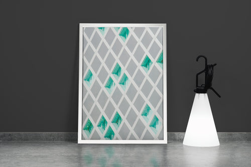 a minimalist architectural facade with a white diagonal lattice over turquoise glass windows, abstract, art, kanvas tablo