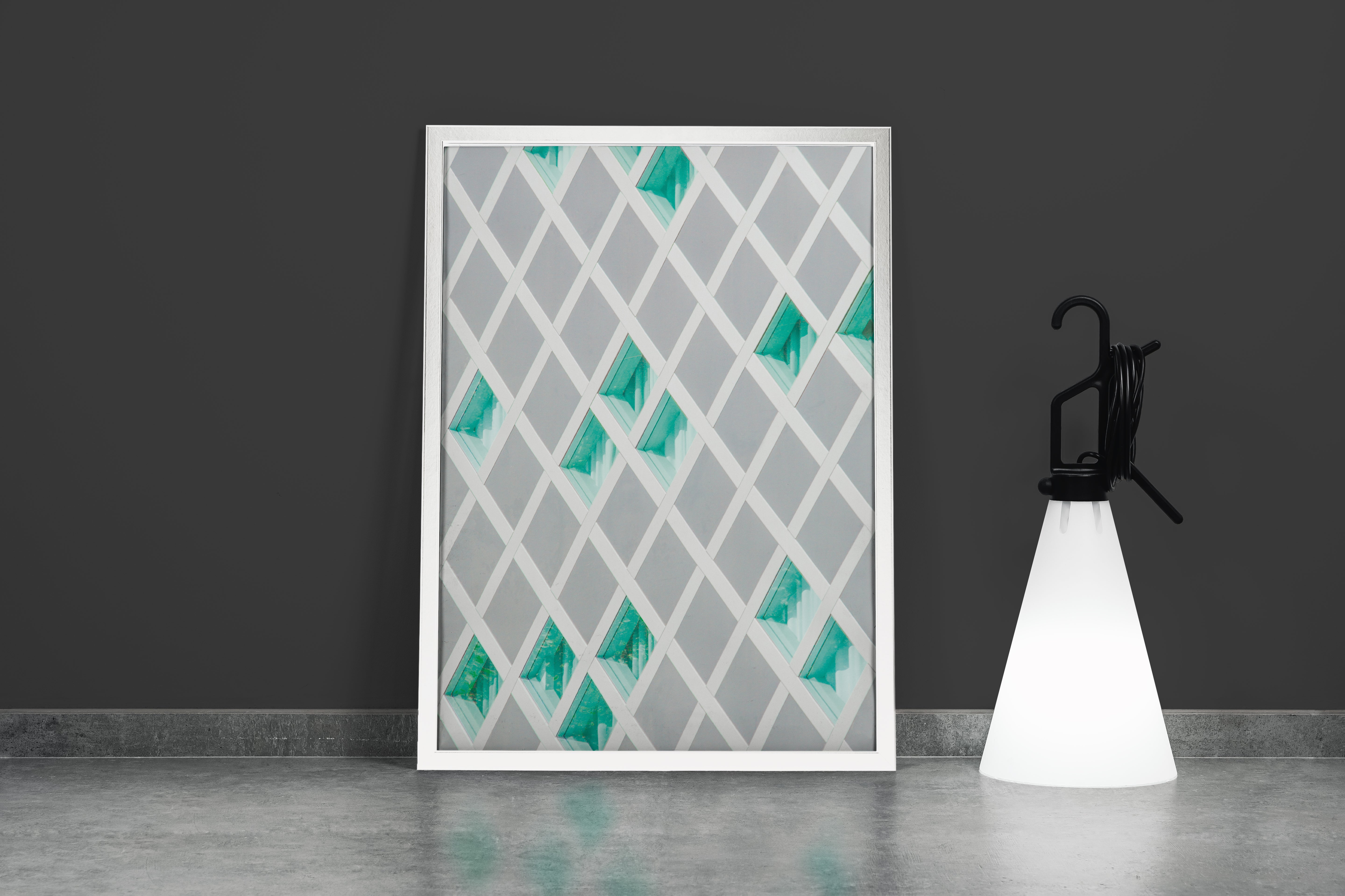 a minimalist architectural facade with a white diagonal lattice over turquoise glass windows, abstract, art, kanvas tablo