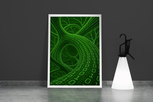 Teknolojik Ağ ve Dijital Doğa Temalı Yeşil Binary Kodlu Soyut Kanvas Tablo