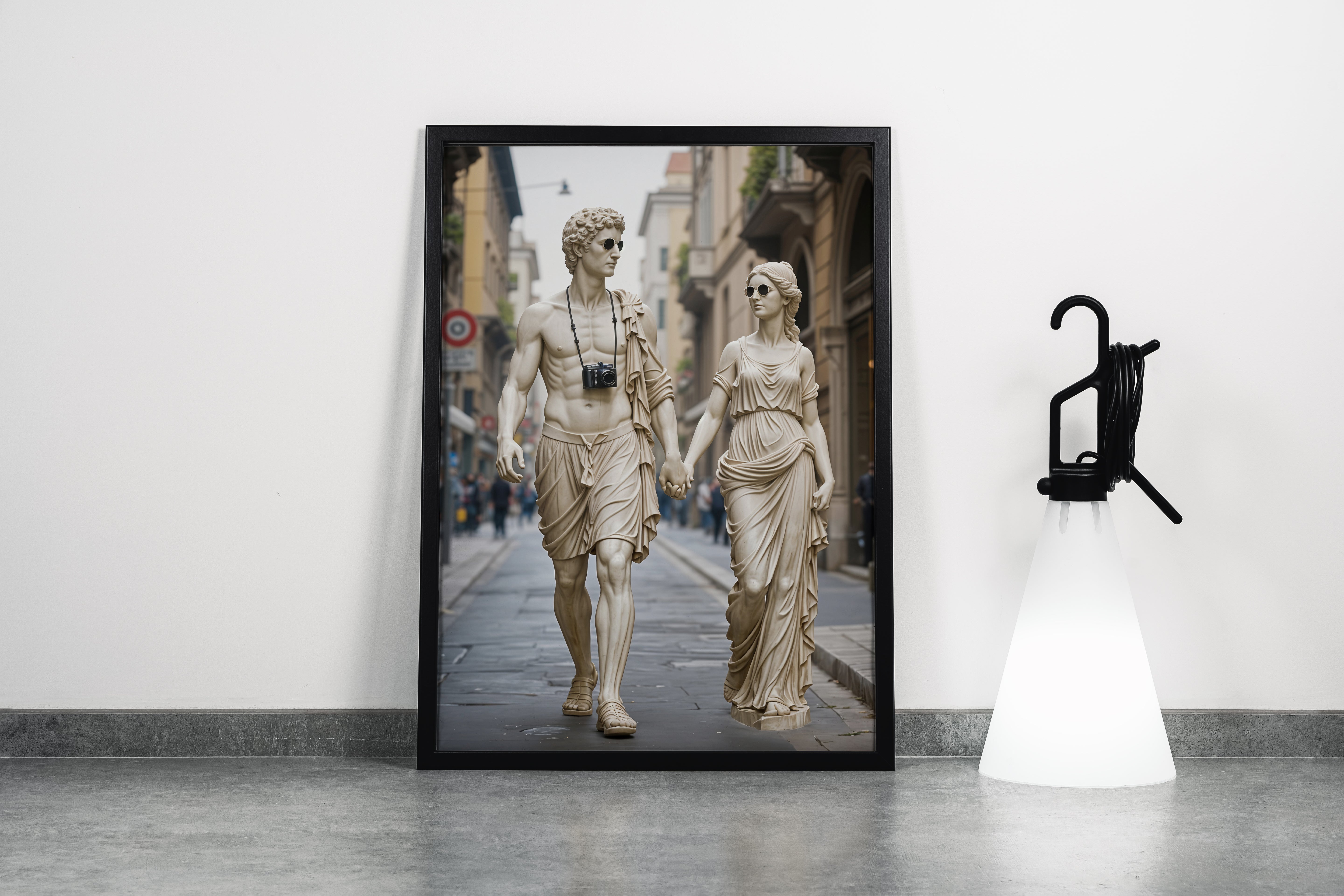 ai creation, ancient greek statues as modern tourists with sunglasses and a camera, ai art, art, kanvas tablo