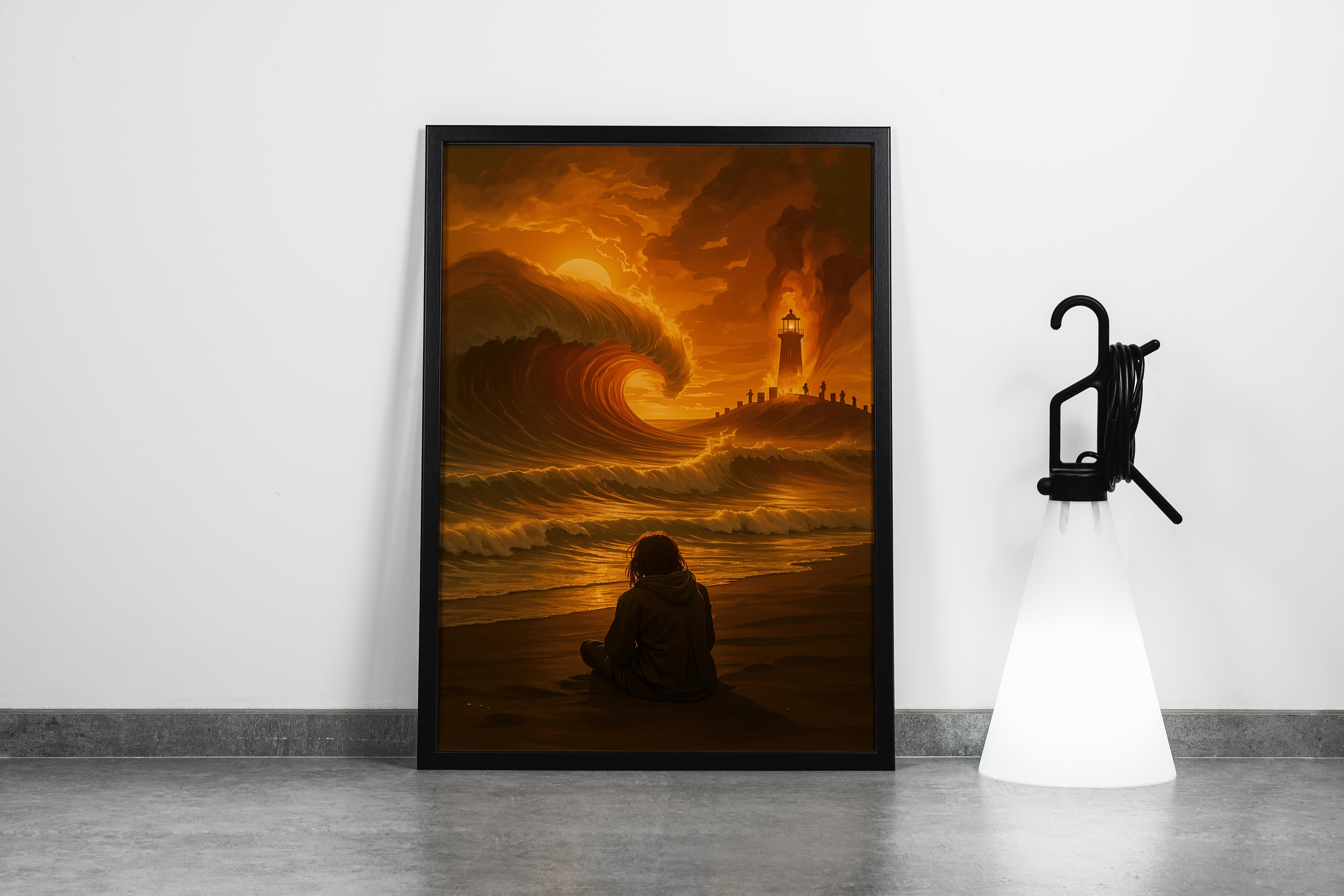 ai creation, girl watching giant waves crashing onto the beach fire themed, ai art, art, kanvas tablo