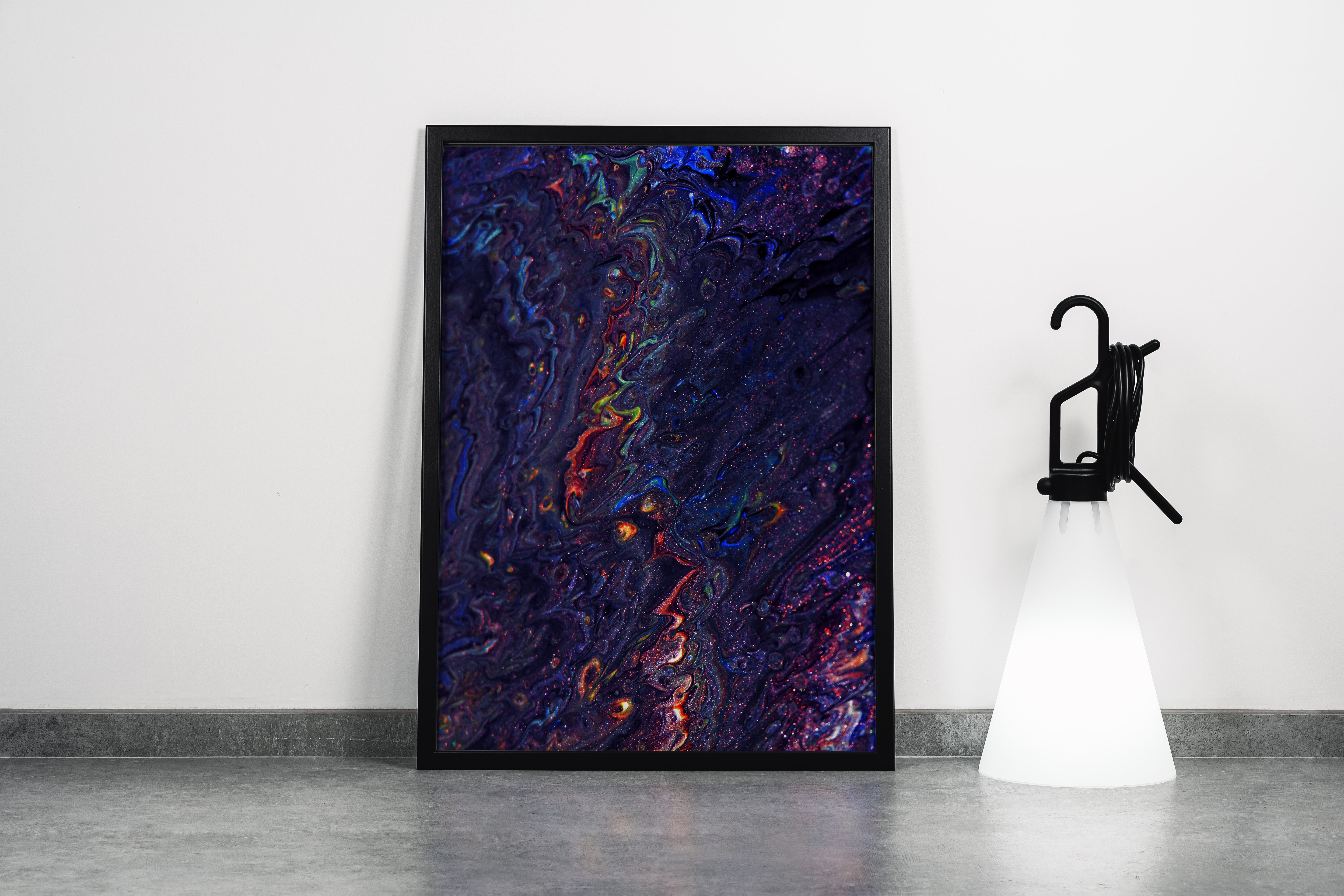 a dark, glittering abstract piece resembling a psychedelic journey through a colorful deep nebula, abstract, art, kanvas tablo
