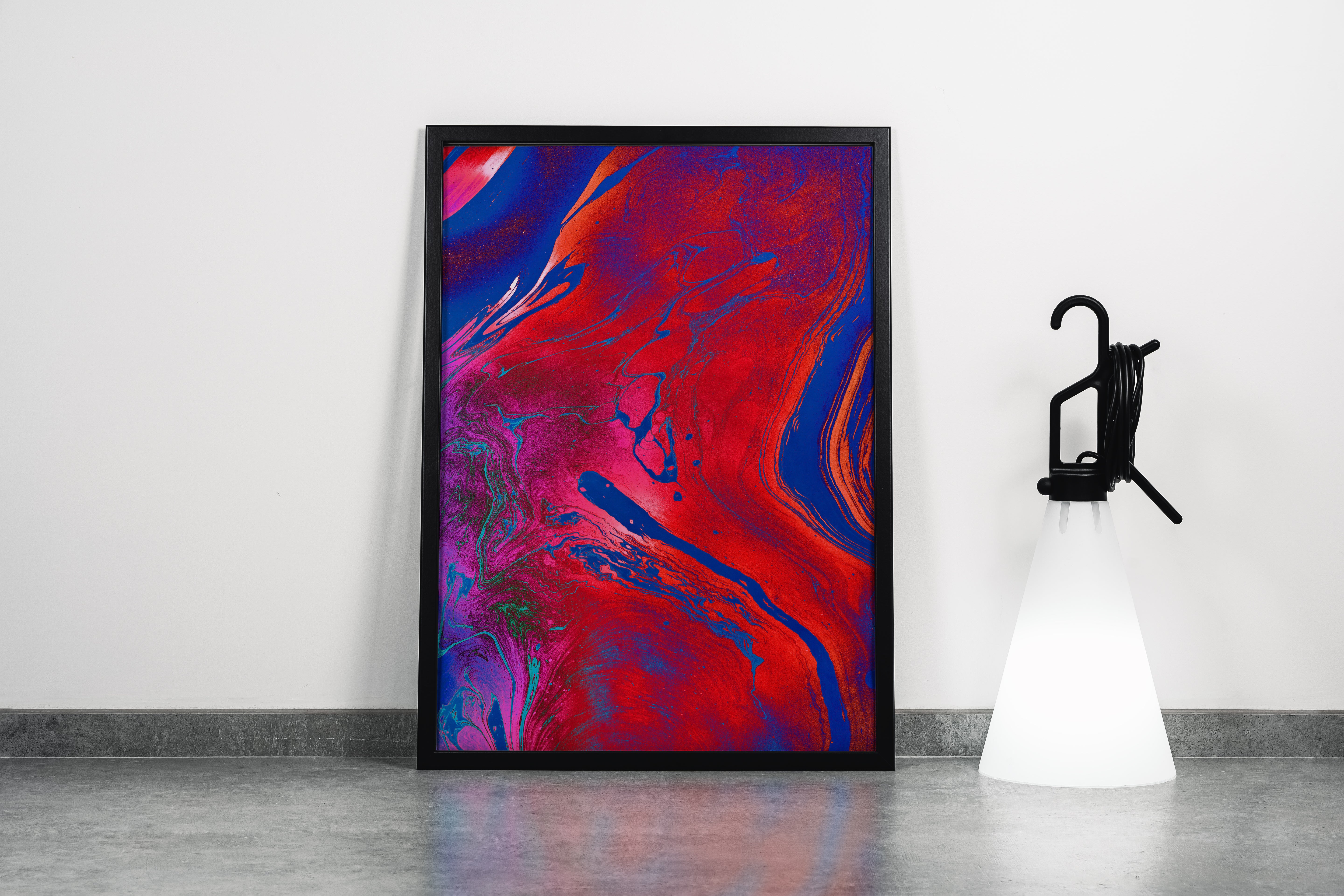 a vibrant and intense abstract fluid art painting with swirls of red and blue, abstract, art, kanvas tablo