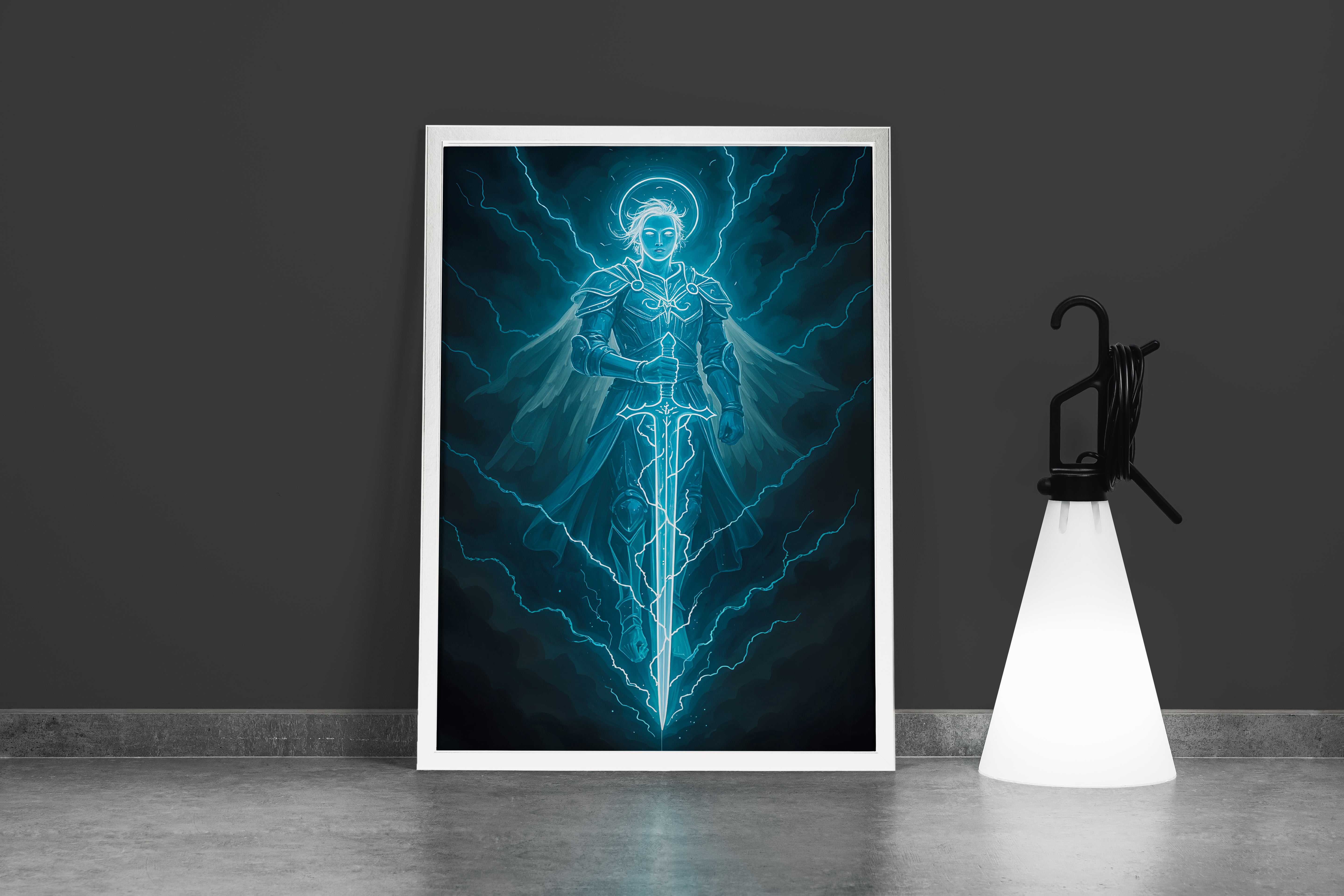 ai creation, blue skinned lightning warrior, ai art, art, kanvas tablo