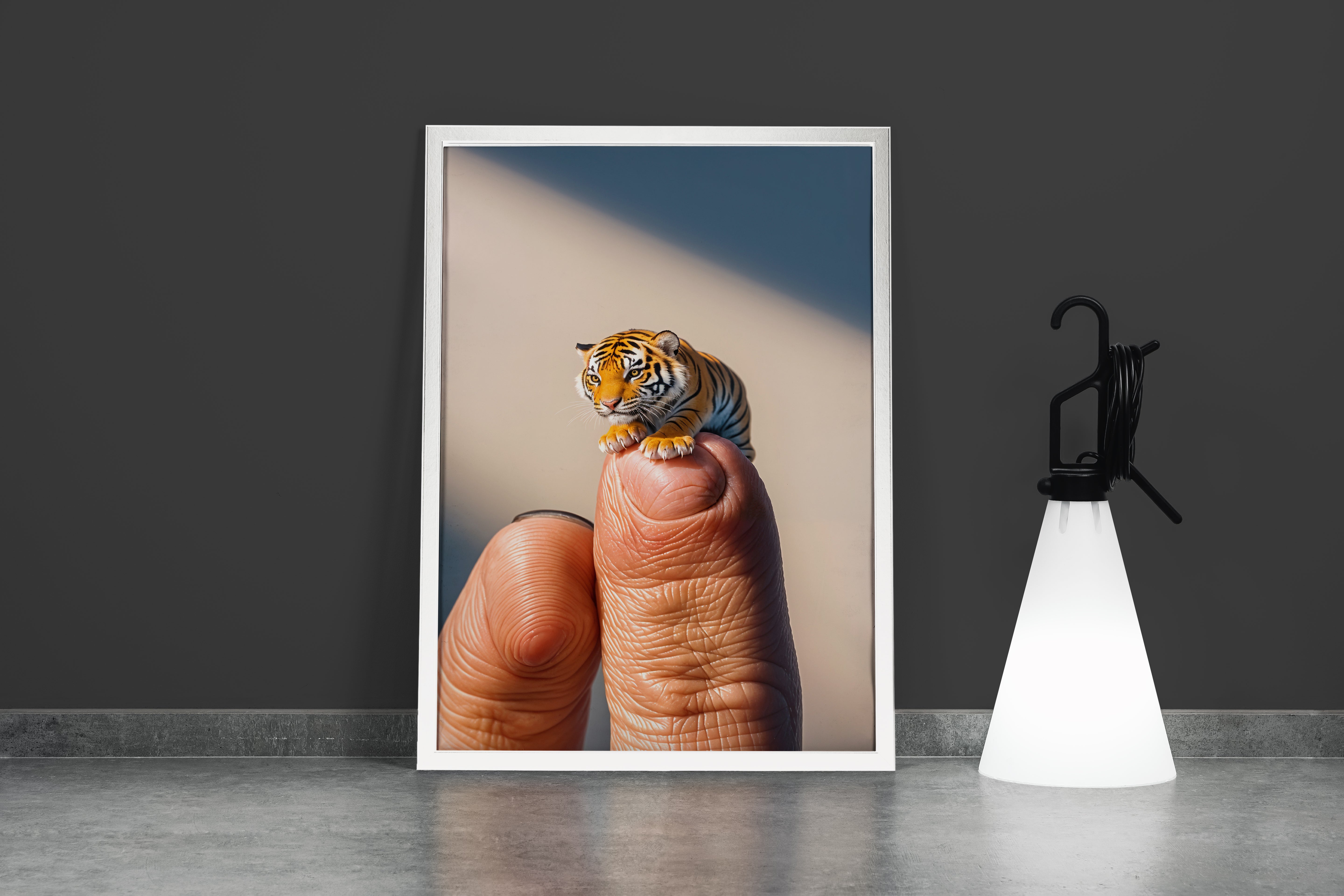 ai creation, baby doll model 6, kid, cute tiger on finger, ai art, art, kanvas tablo