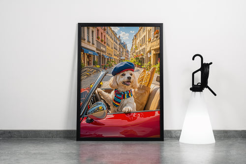 ai creation, modern dog driving a car with his cool hat, ai art, art, kanvas tablo