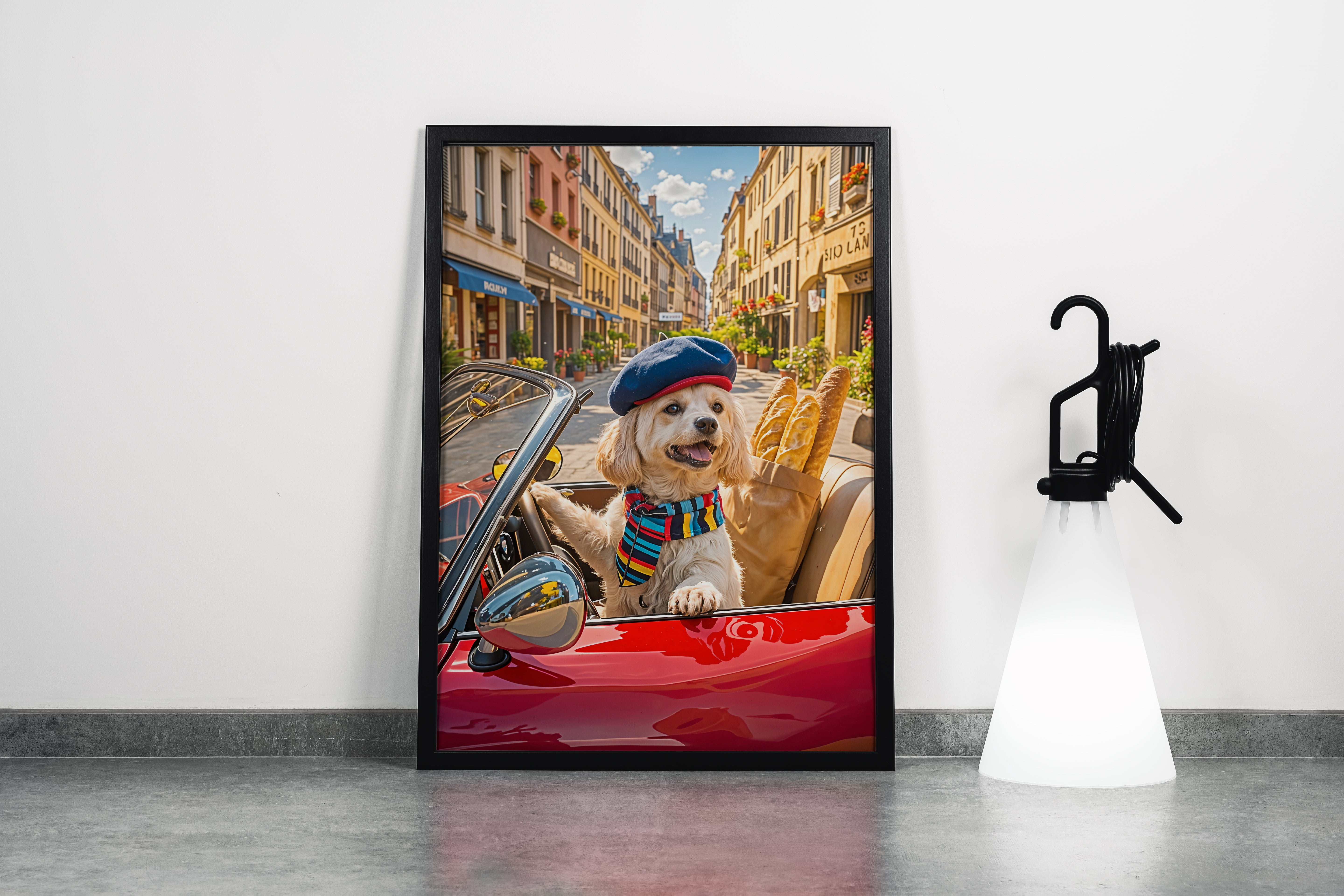 ai creation, modern dog driving a car with his cool hat, ai art, art, kanvas tablo