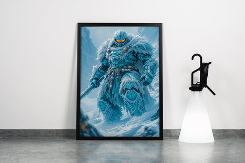 ai creation, a formidable ice warrior in cracked armor with glowing orange eyes, ai art, art, kanvas tablo