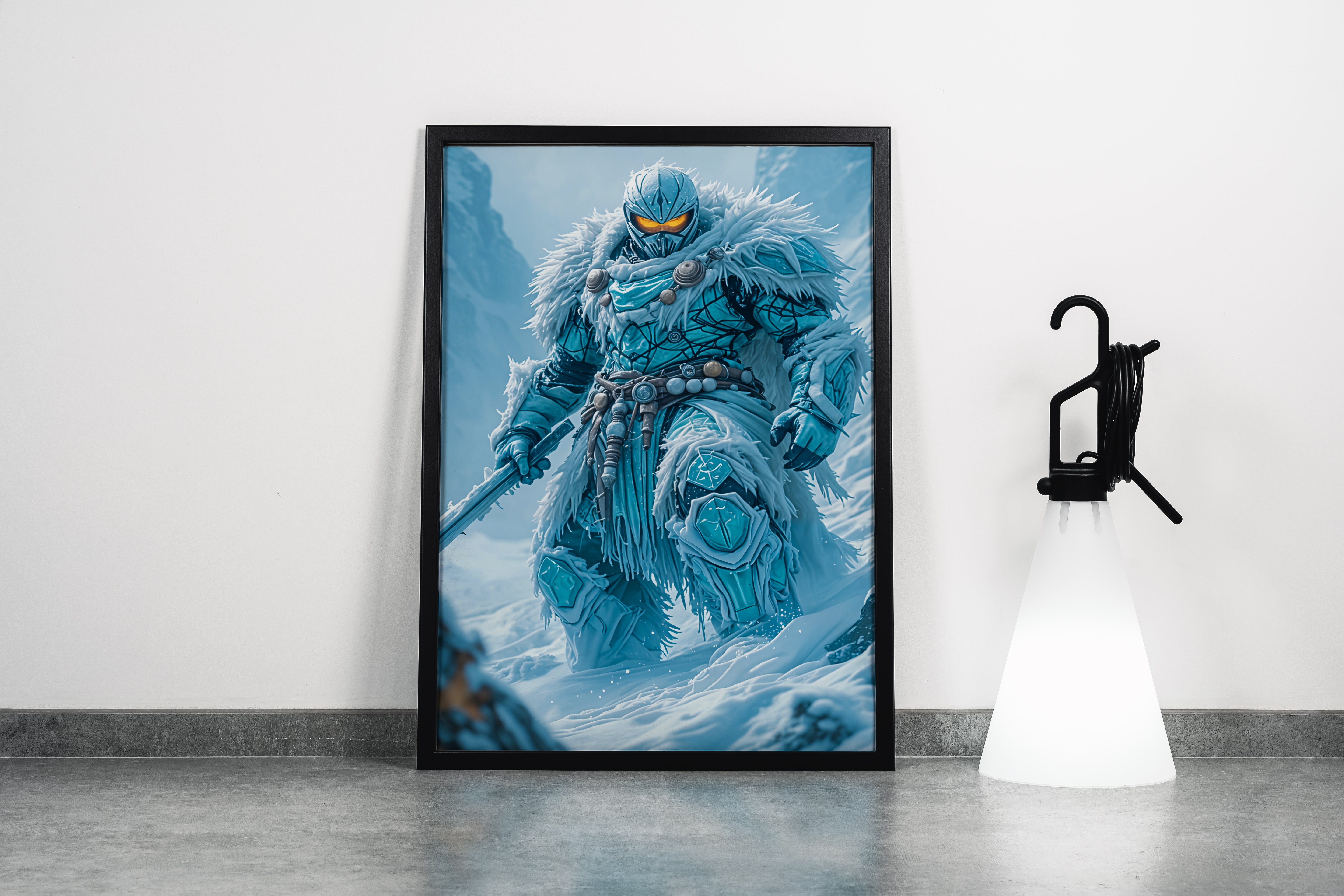 ai creation, a formidable ice warrior in cracked armor with glowing orange eyes, ai art, art, kanvas tablo