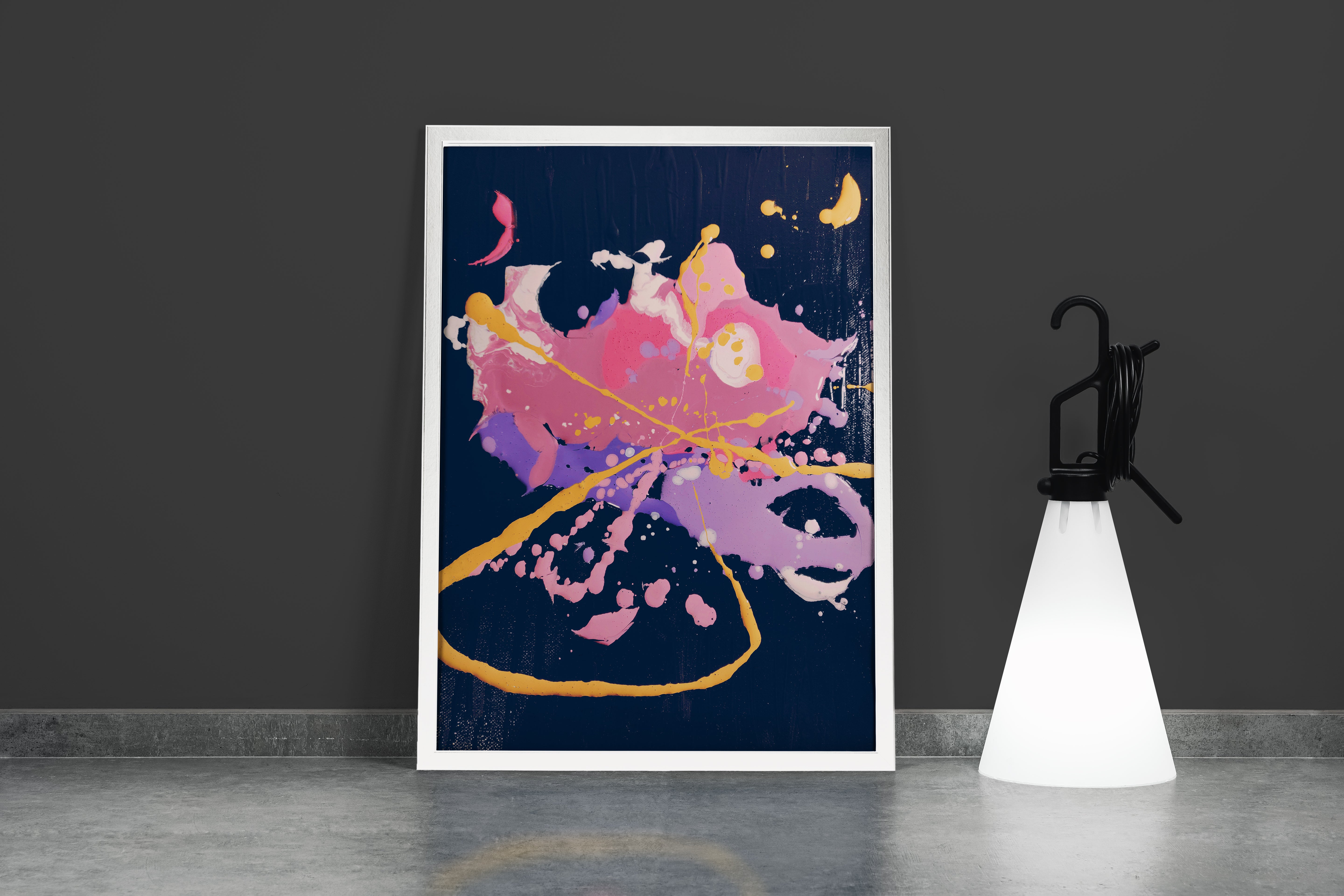 an expressive abstract painting with vibrant splashes of pink, yellow and purple paint, abstract, art, kanvas tablo