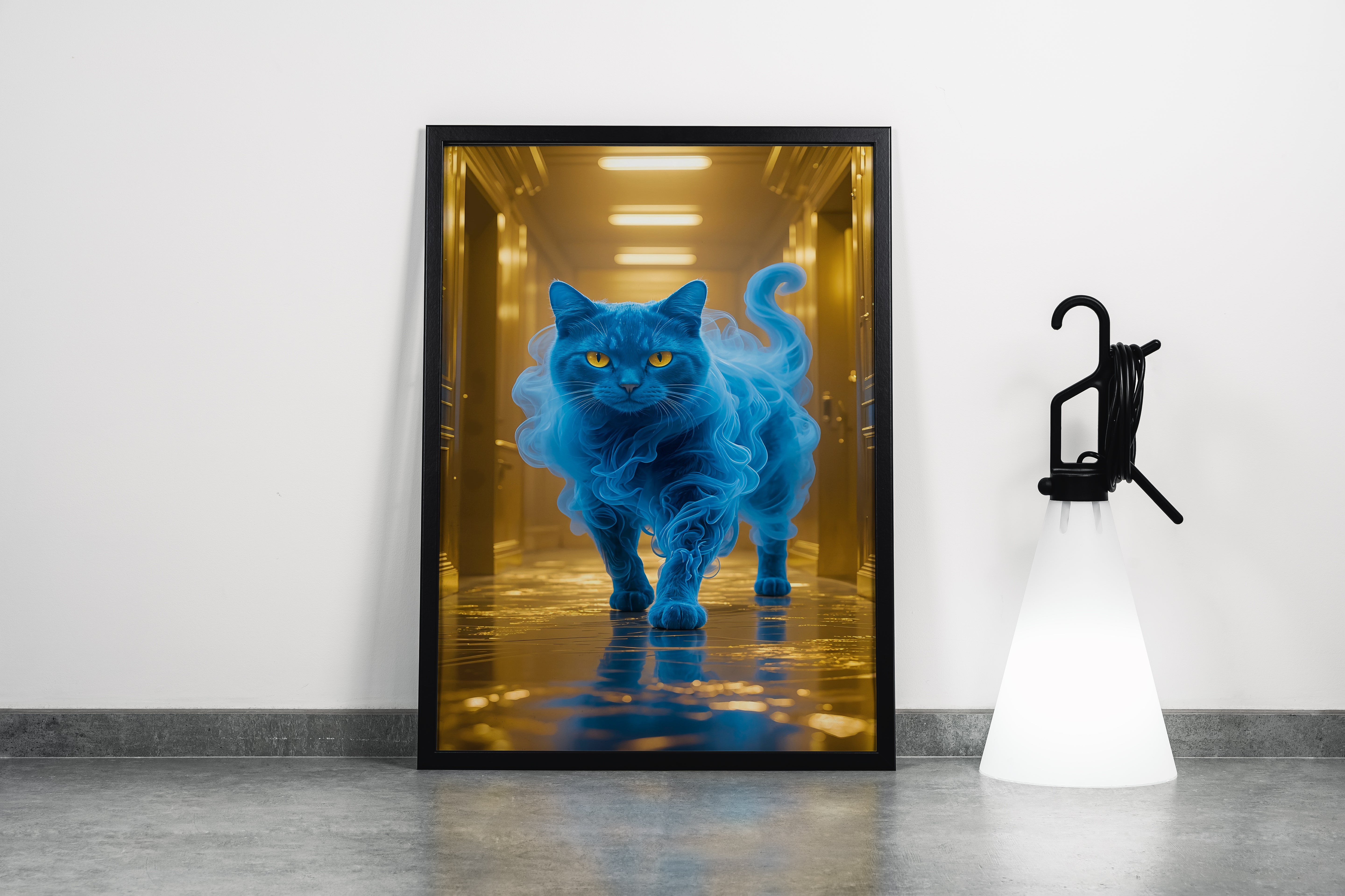 ai creation, wrapped in bluish colour cat, pet, ai art, art, kanvas tablo