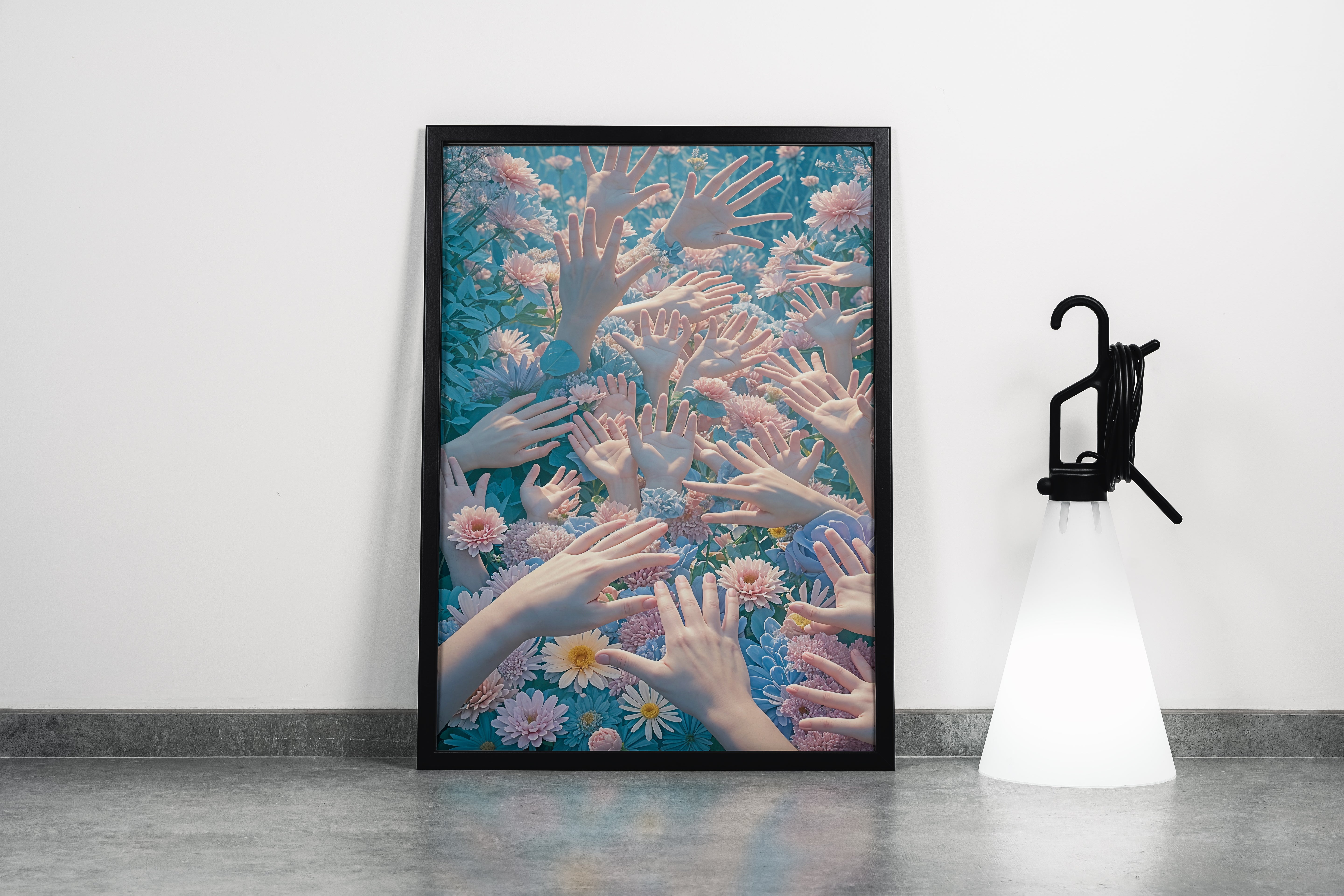 ai creation, hands jumping out of a field of flowers, ai art, art, kanvas tablo