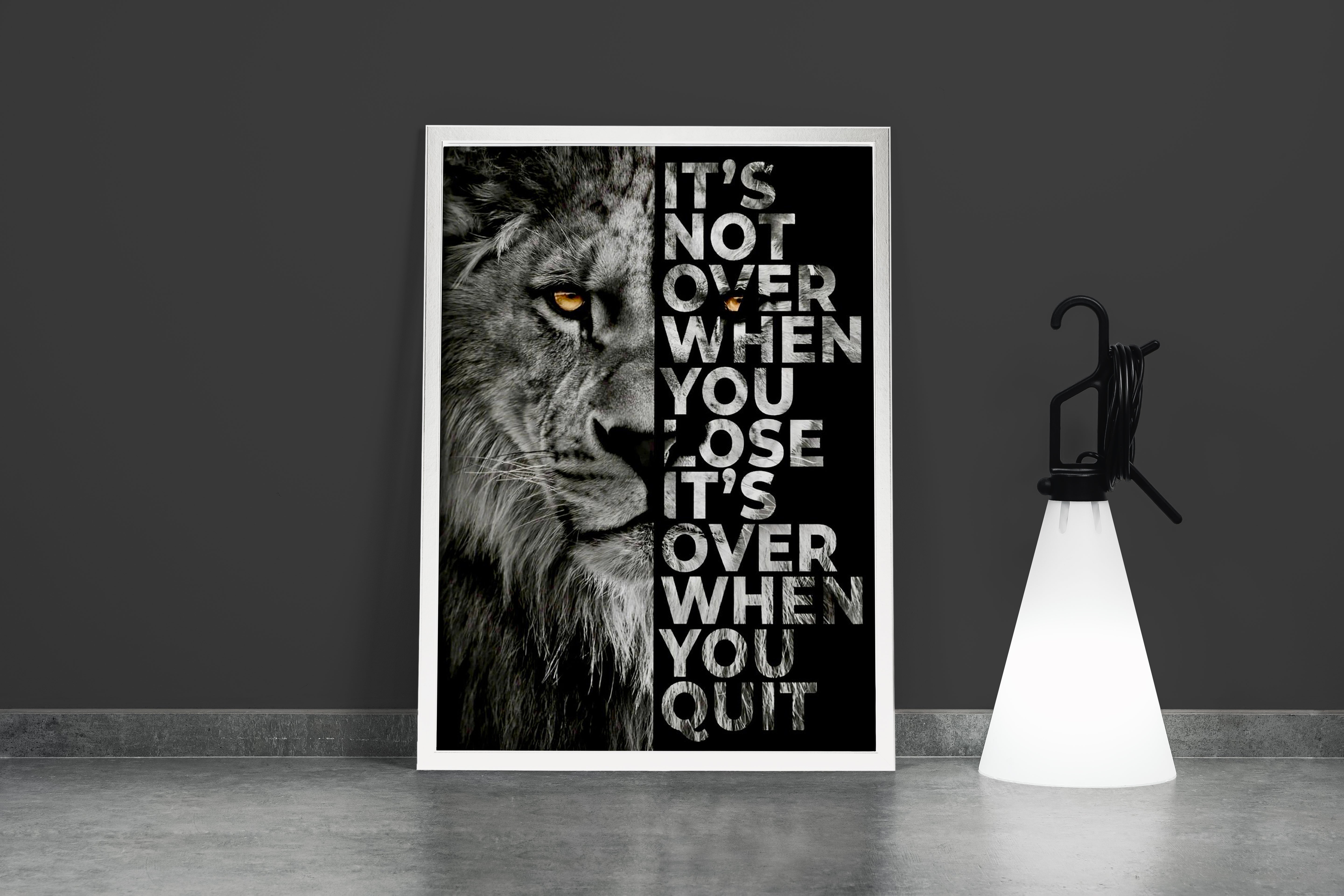 a lion's face split with the motivational quote, art, kanvas tablo