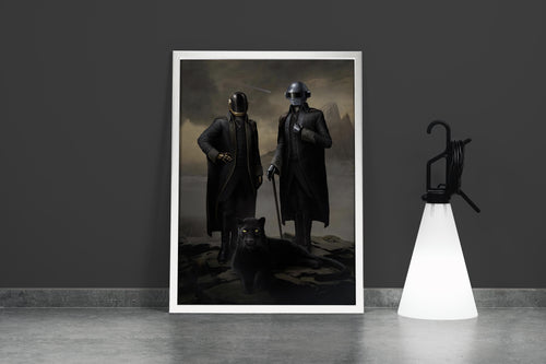 a classic, moody portrait of daft punk posing with a black panther, art, kanvas tablo