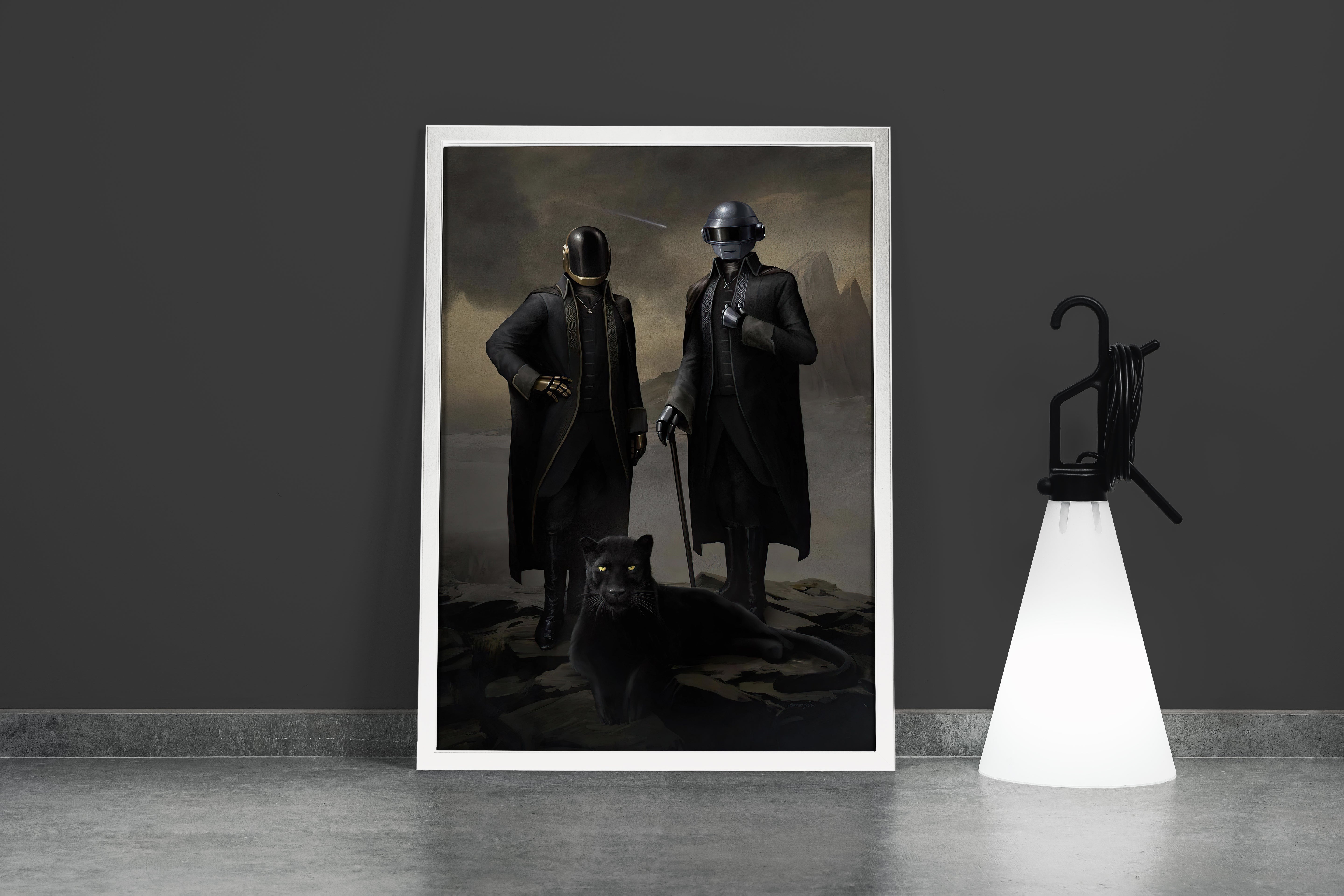 a classic, moody portrait of daft punk posing with a black panther, art, kanvas tablo