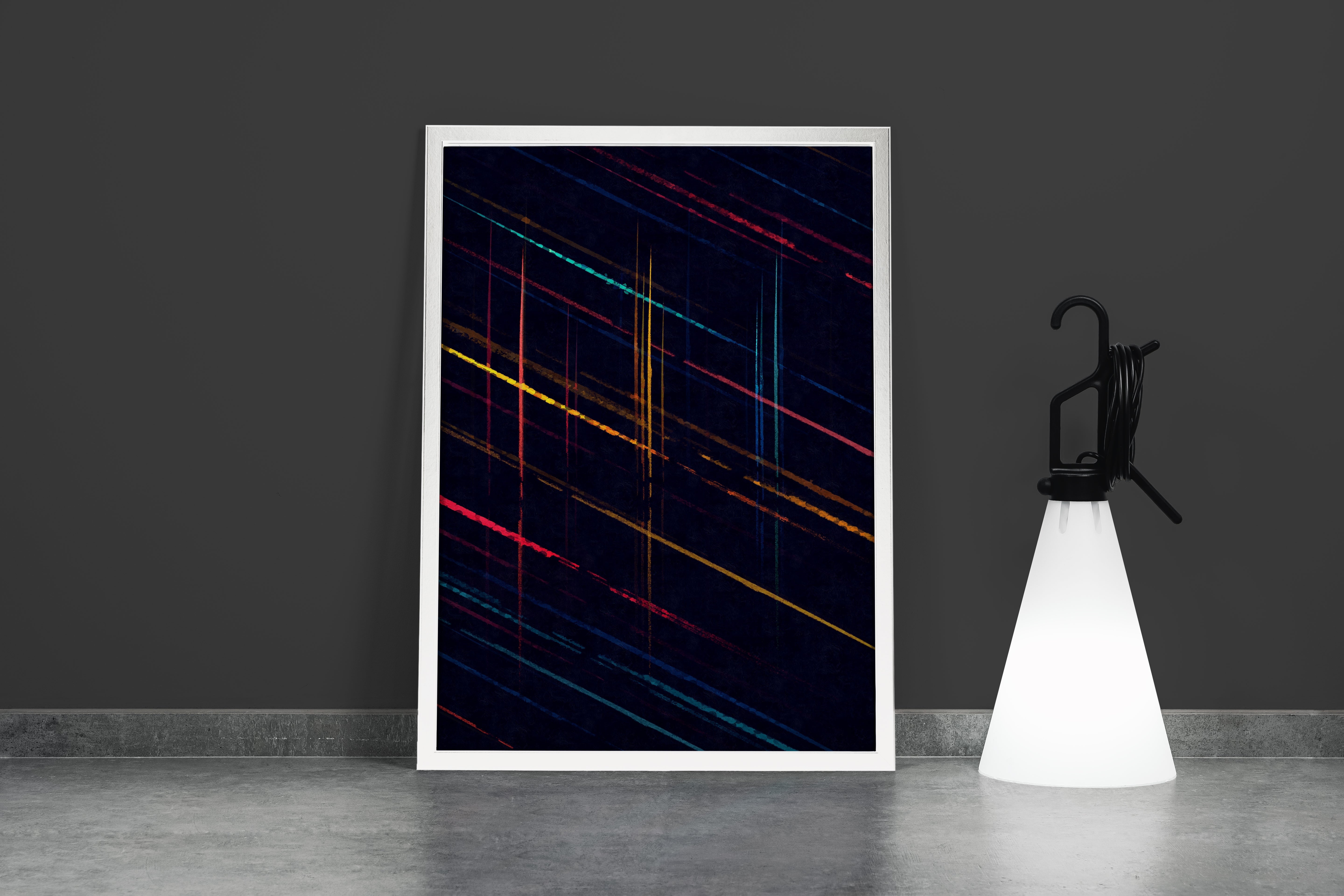 a dark abstract background with thin, colorful, diagonal lines streaking across the canvas, abstract, art, kanvas tablo