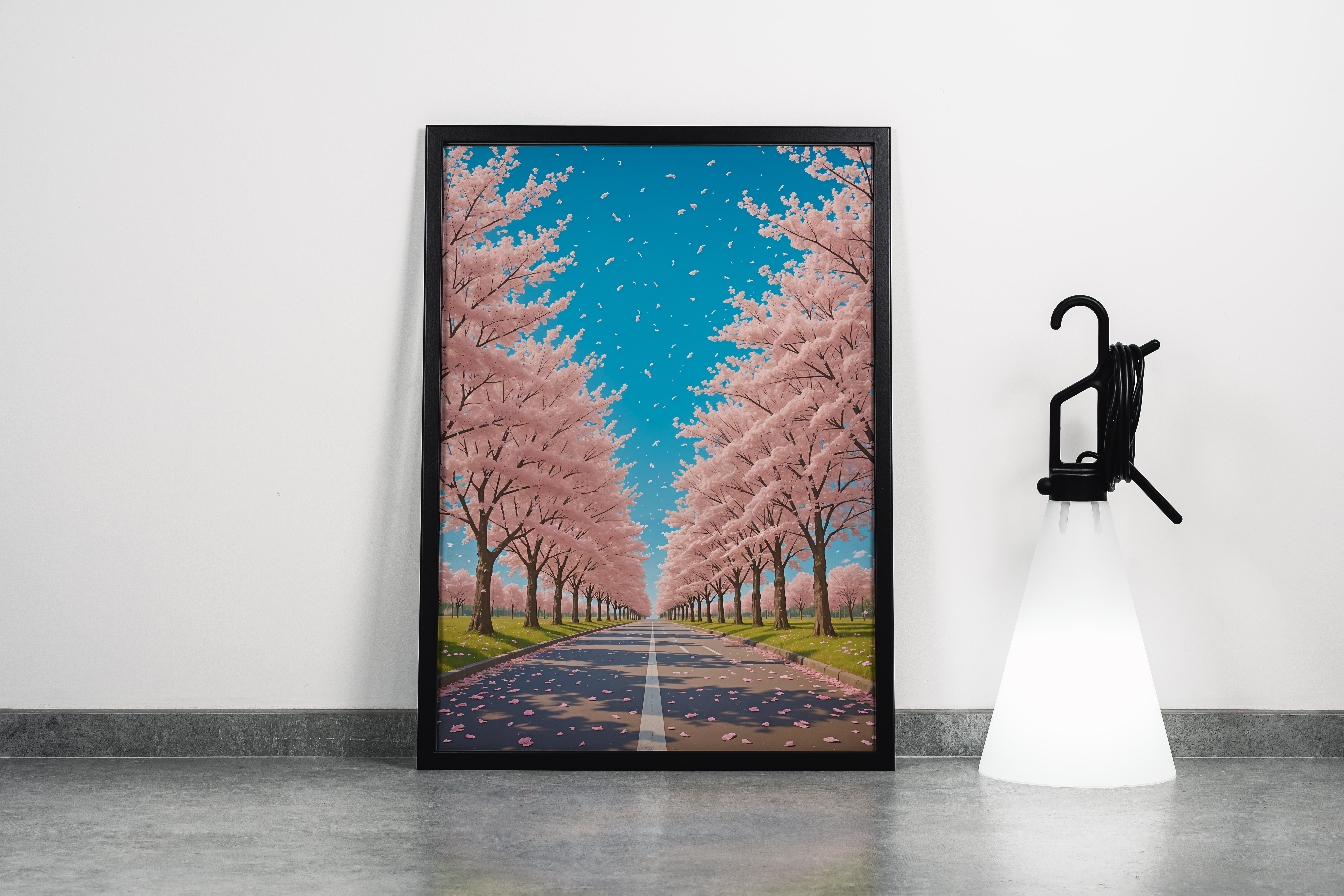 ai creation, a road decorated with soft pink trees, ai art, art, kanvas tablo