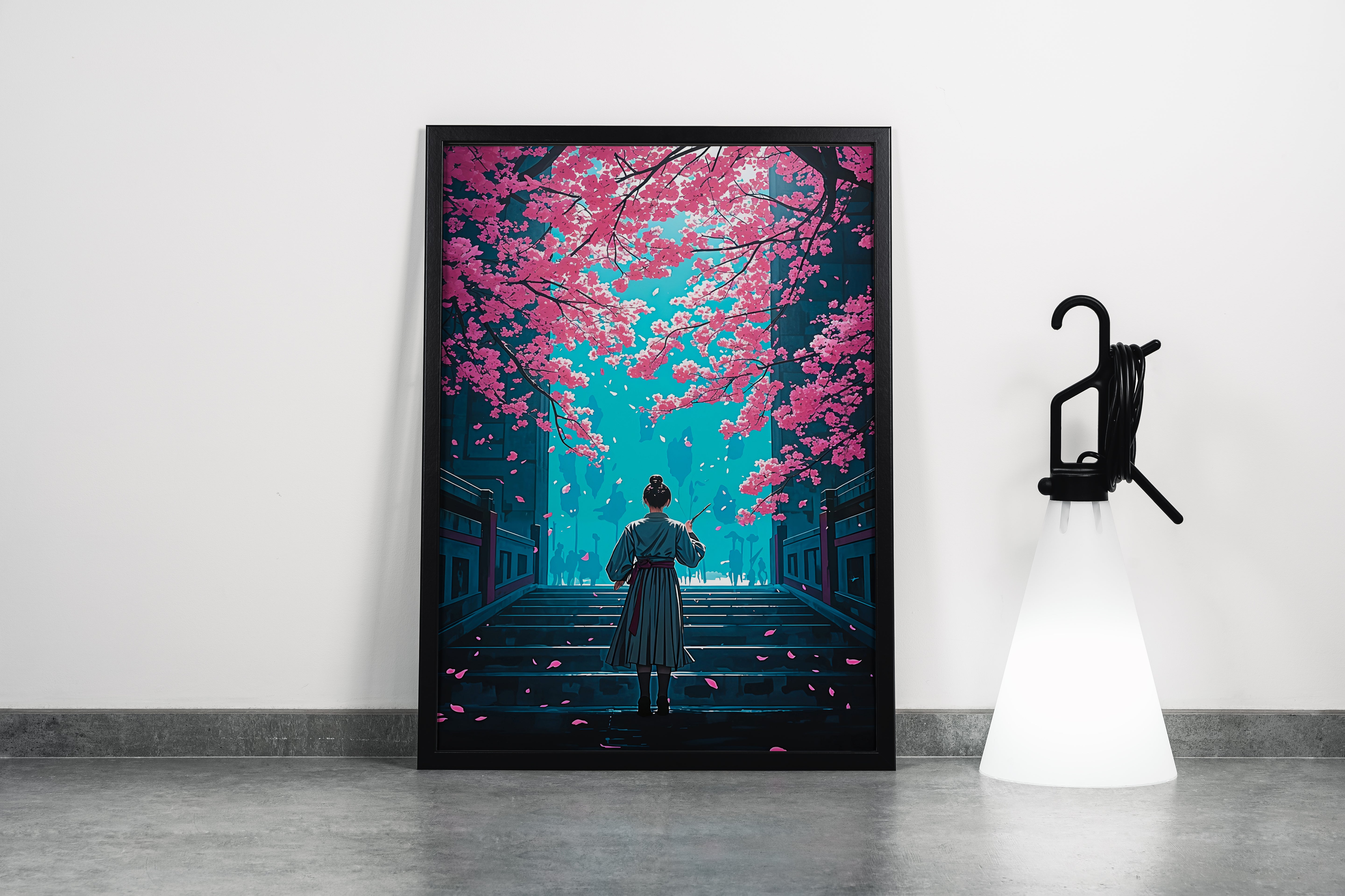 ai creation, master kung fu climbs stairs while pink leaves fall, ai art, art, kanvas tablo