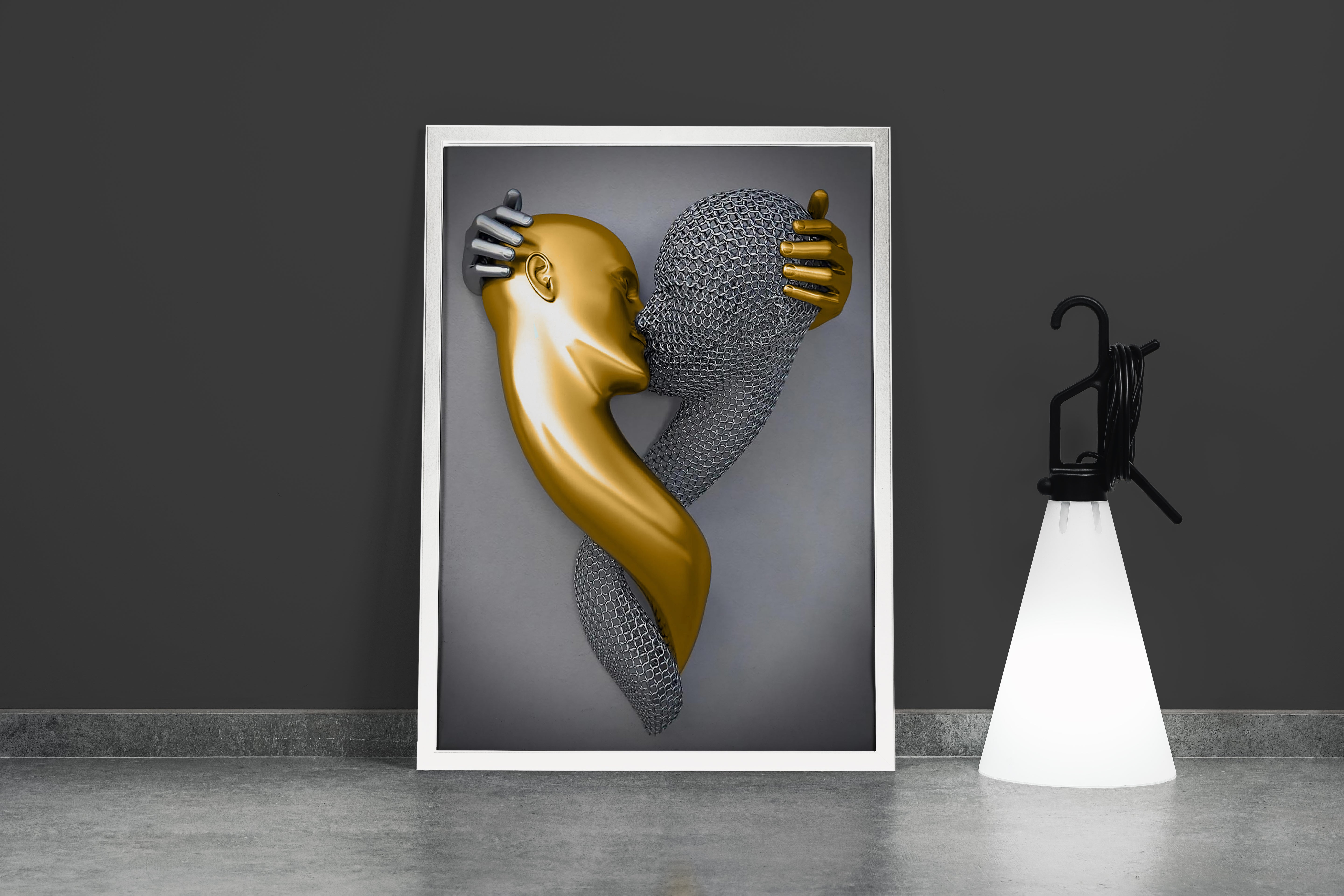 an abstract heart-shaped sculpture of a gold and a chainmail figure embracing model 1, art, kanvas tablo