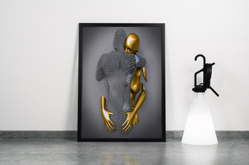 a silver mesh mother figure protectively embracing her small golden child model 3, art, kanvas tablo
