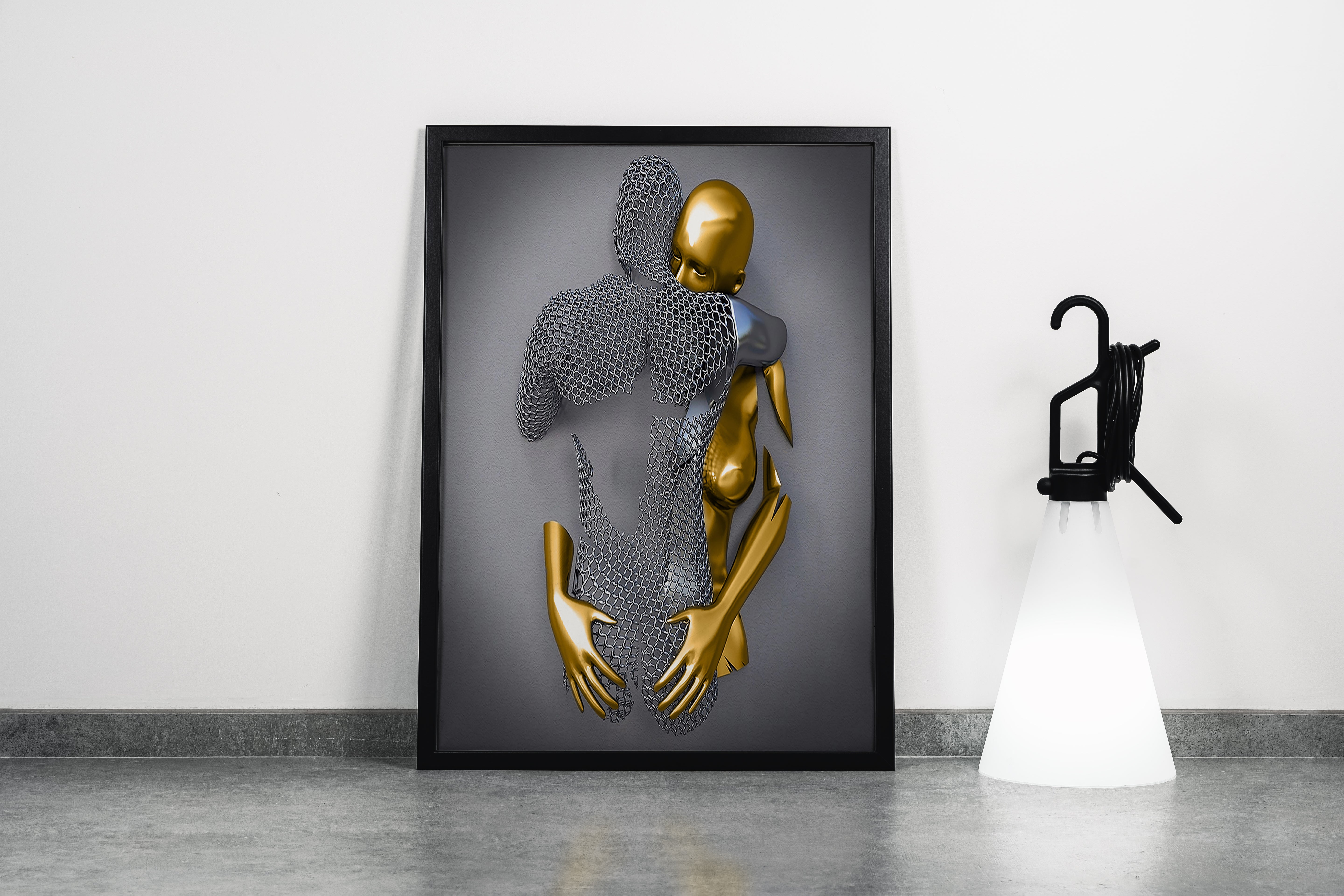 a silver mesh mother figure protectively embracing her small golden child model 3, art, kanvas tablo