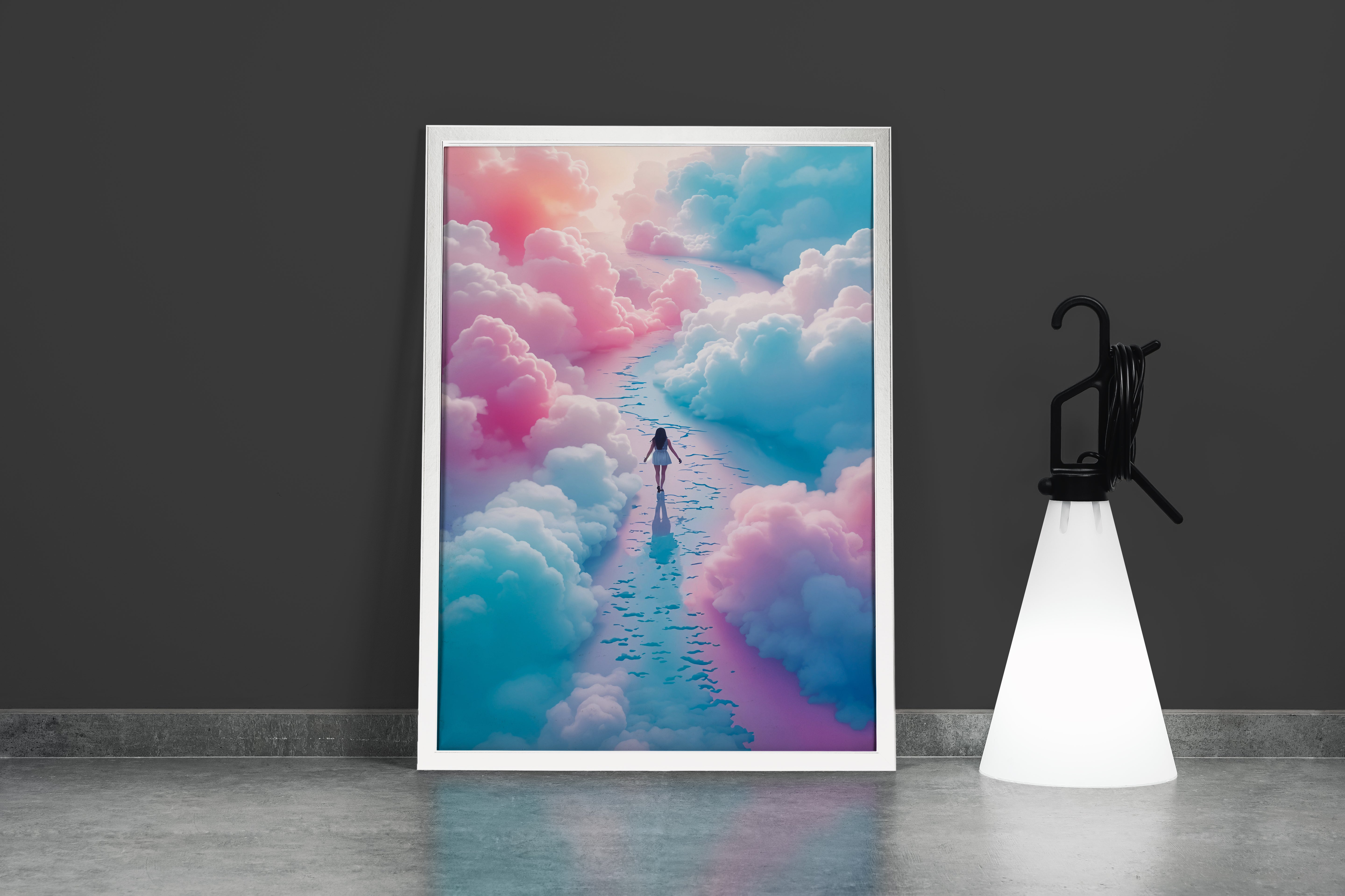 ai creation, woman walking among blue and pink clouds, ai art, art, kanvas tablo