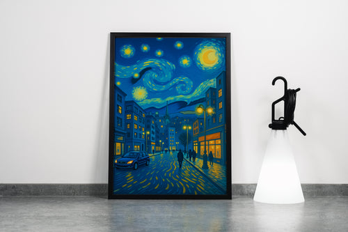 Modern Şehirde Yıldızlı Gece Van Gogh Tarzında Dışavurumcu Manzara Kanvas Tablo