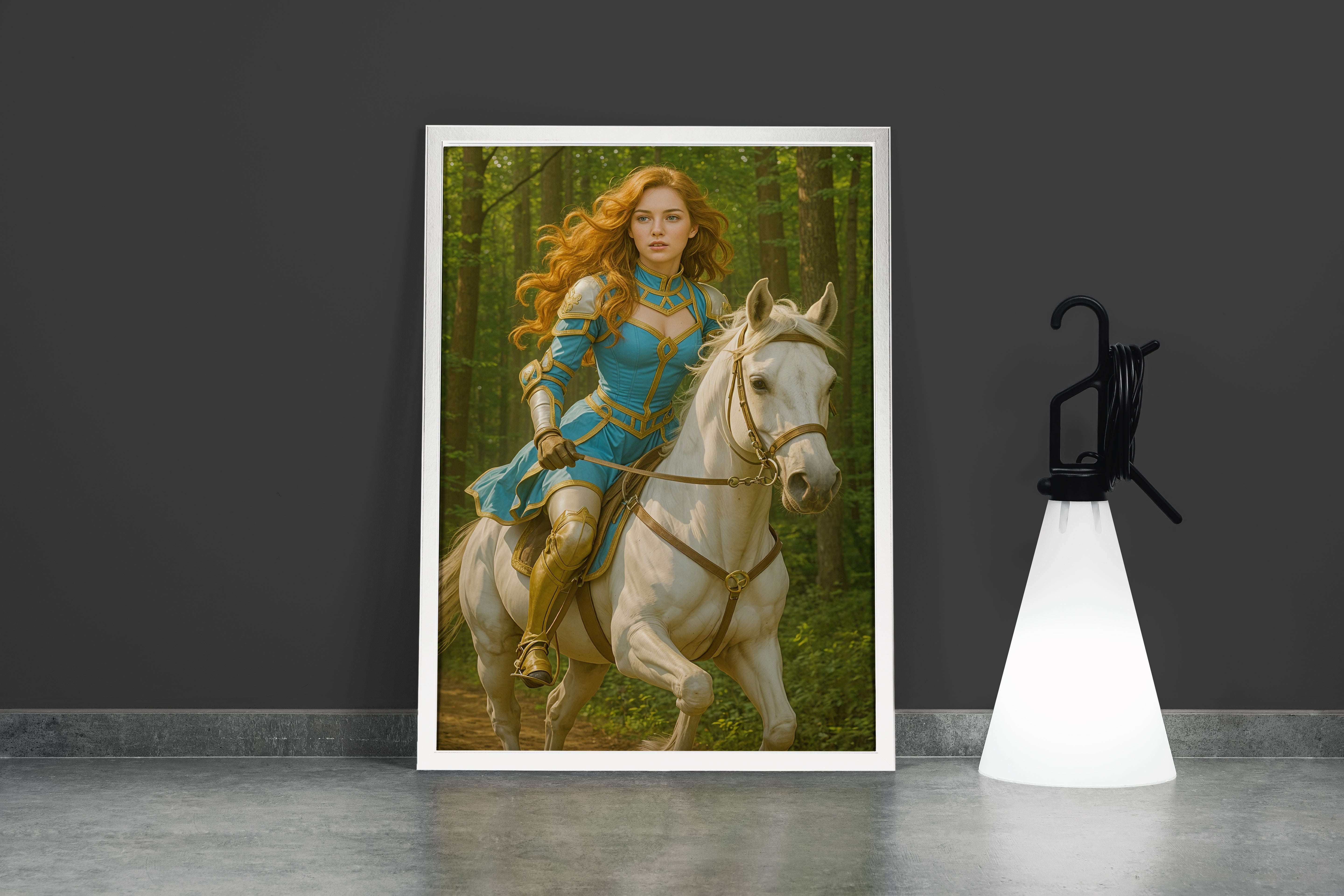 ai creation, horse riding queen forest themed, ai art, art, kanvas tablo