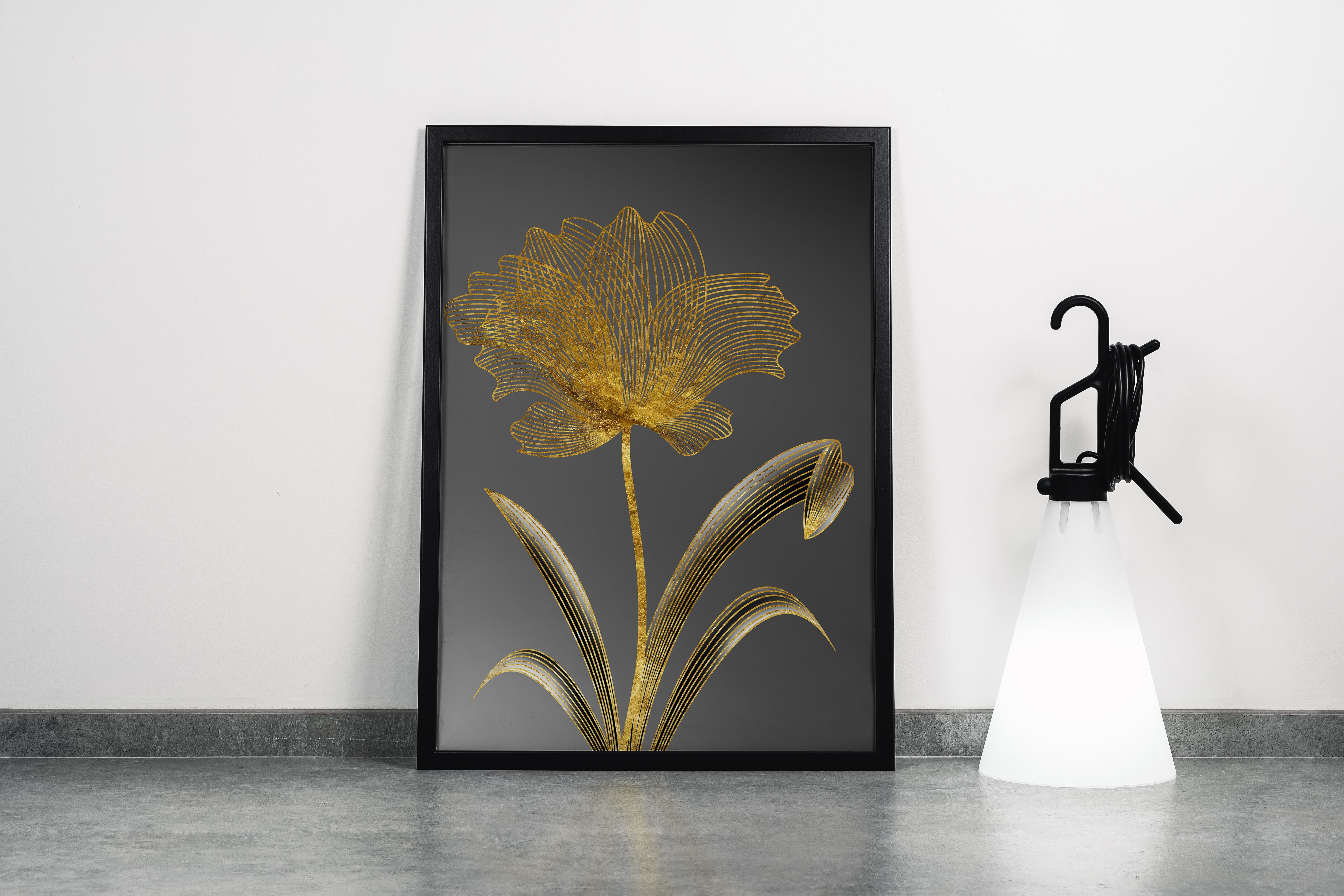 a minimalist golden wireframe flower on a grey gradient background, art, kanvas tablo