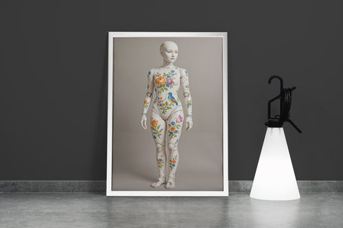 ai creation, a ball-jointed porcelain doll painted with vintage flowers and a small bird, ai art, art, kanvas tablo