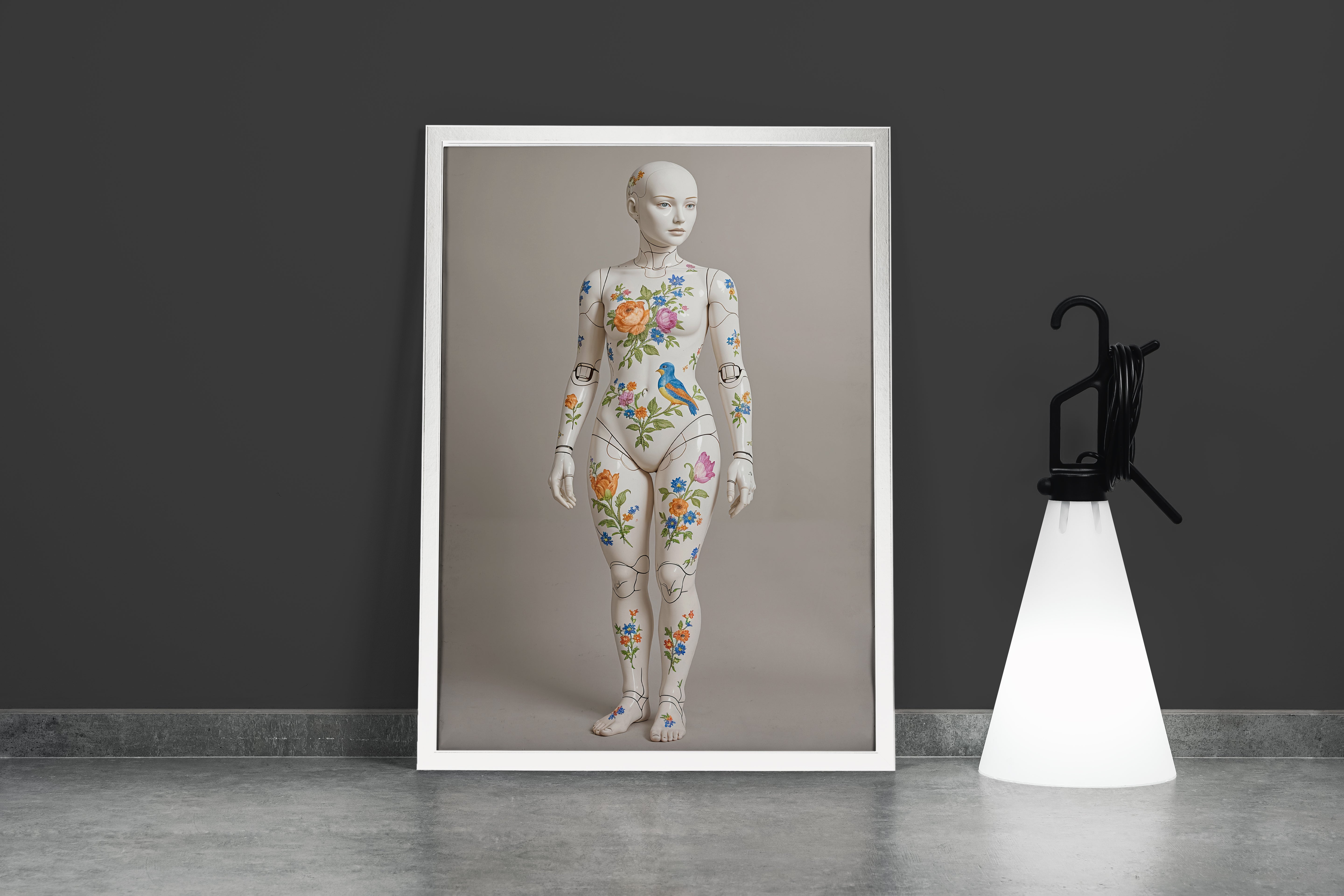ai creation, a ball-jointed porcelain doll painted with vintage flowers and a small bird, ai art, art, kanvas tablo