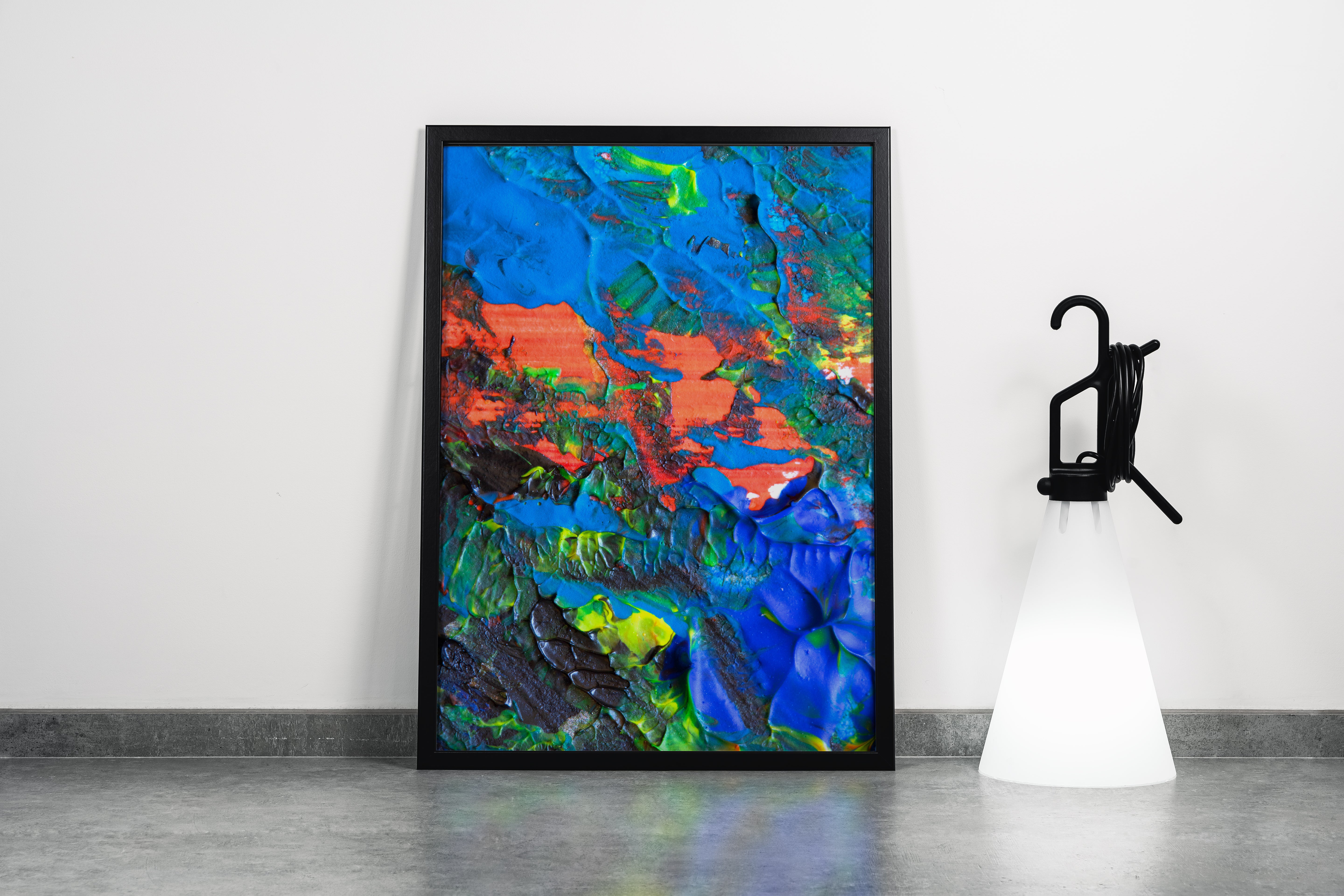 an extreme close-up of a heavily textured painting with vibrant blue and orange colors, abstract, art, kanvas tablo