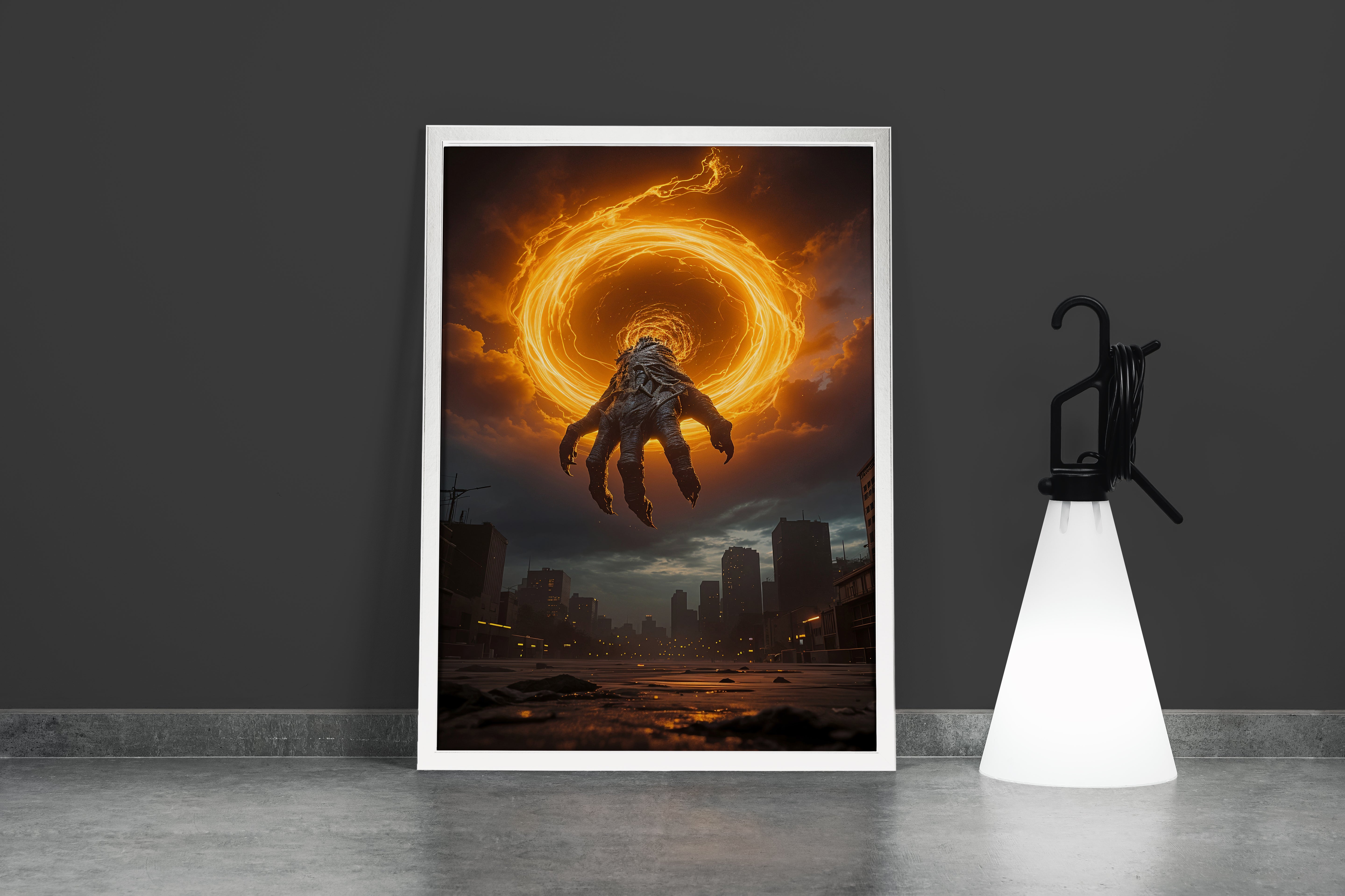 ai creation, a giant monster hand emerges from a fiery portal over a city, ai art, art, kanvas tablo