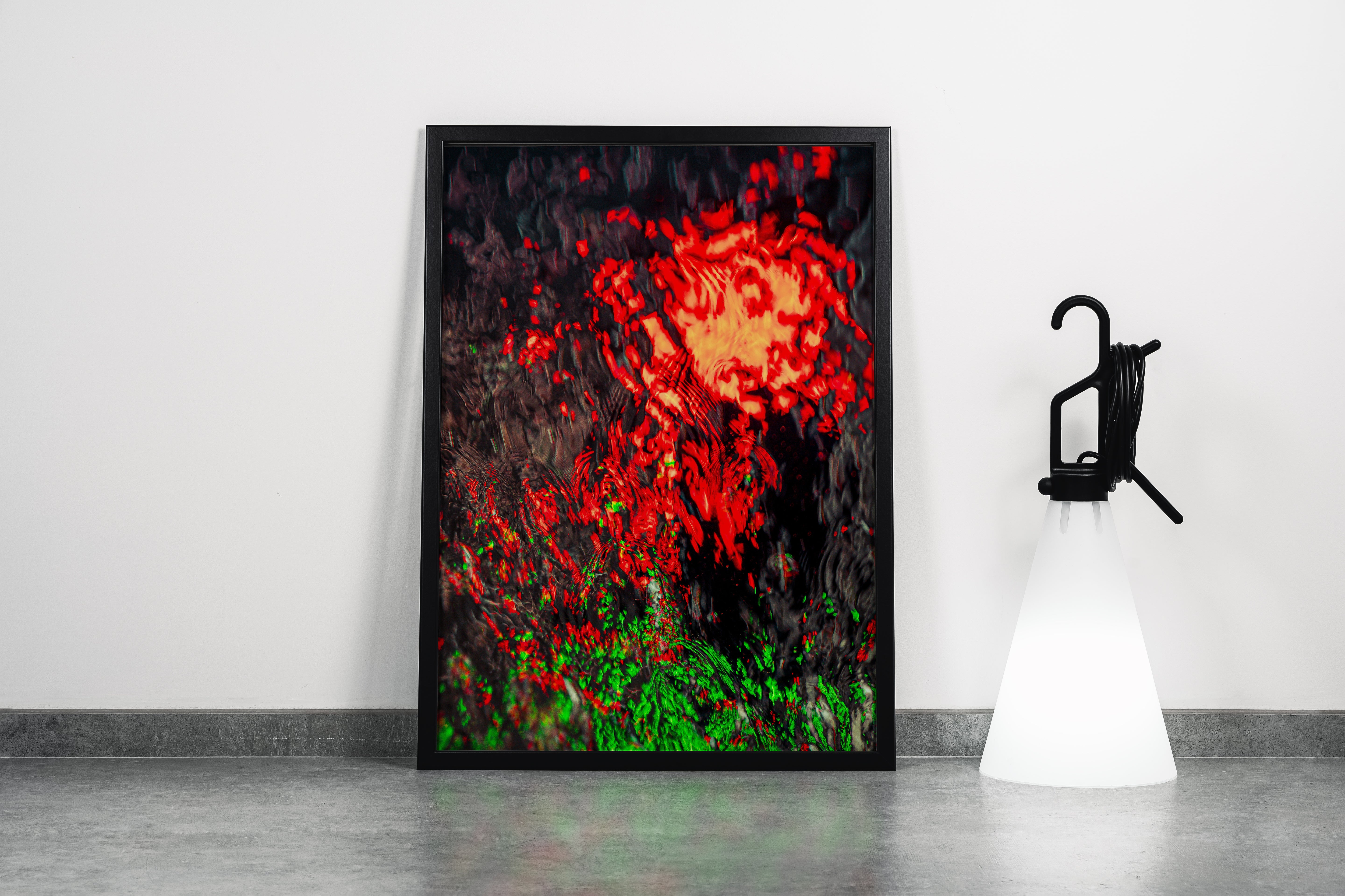 an abstract photo of bright red and green lights reflecting on dark, rippling water, abstract, art, kanvas tablo